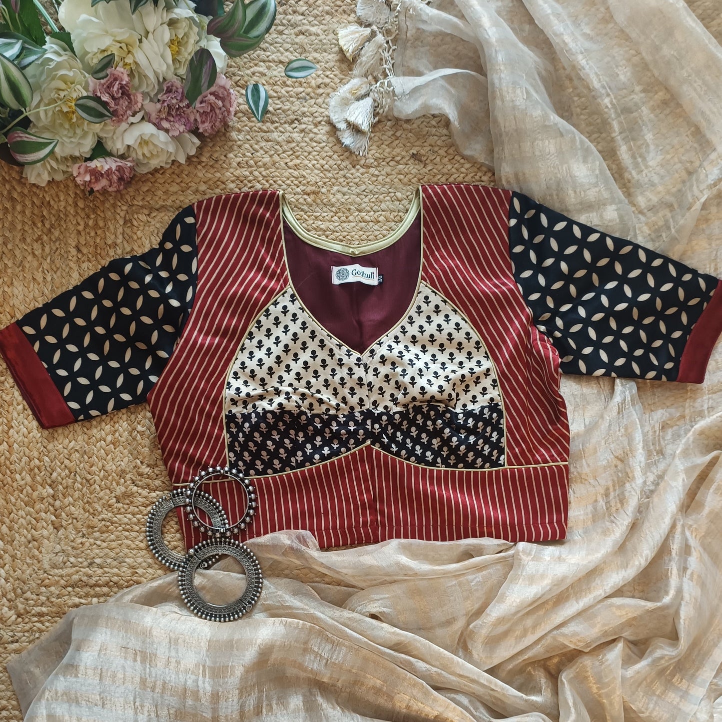 Maroon Black Beige Gaji Silk Choli Pattern Blouse