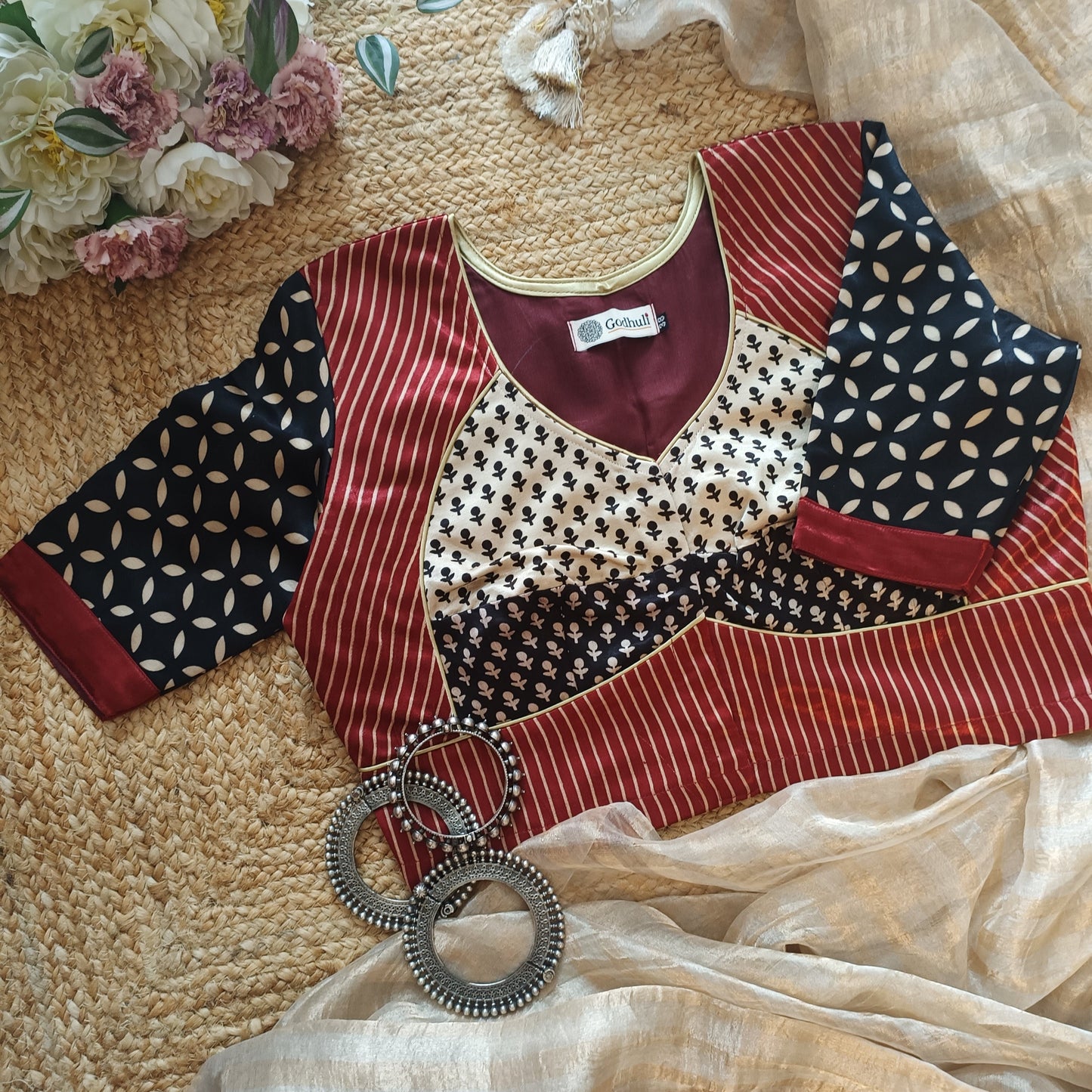 Maroon Black Beige Gaji Silk Choli Pattern Blouse