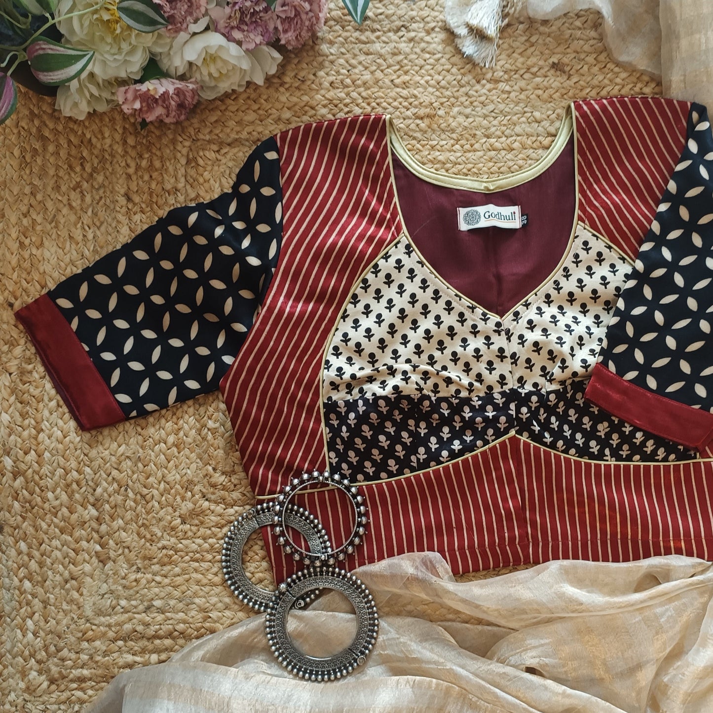 Maroon Black Beige Gaji Silk Choli Pattern Blouse