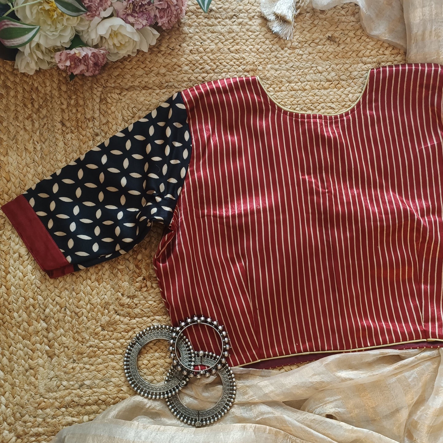 Maroon Black Beige Gaji Silk Choli Pattern Blouse