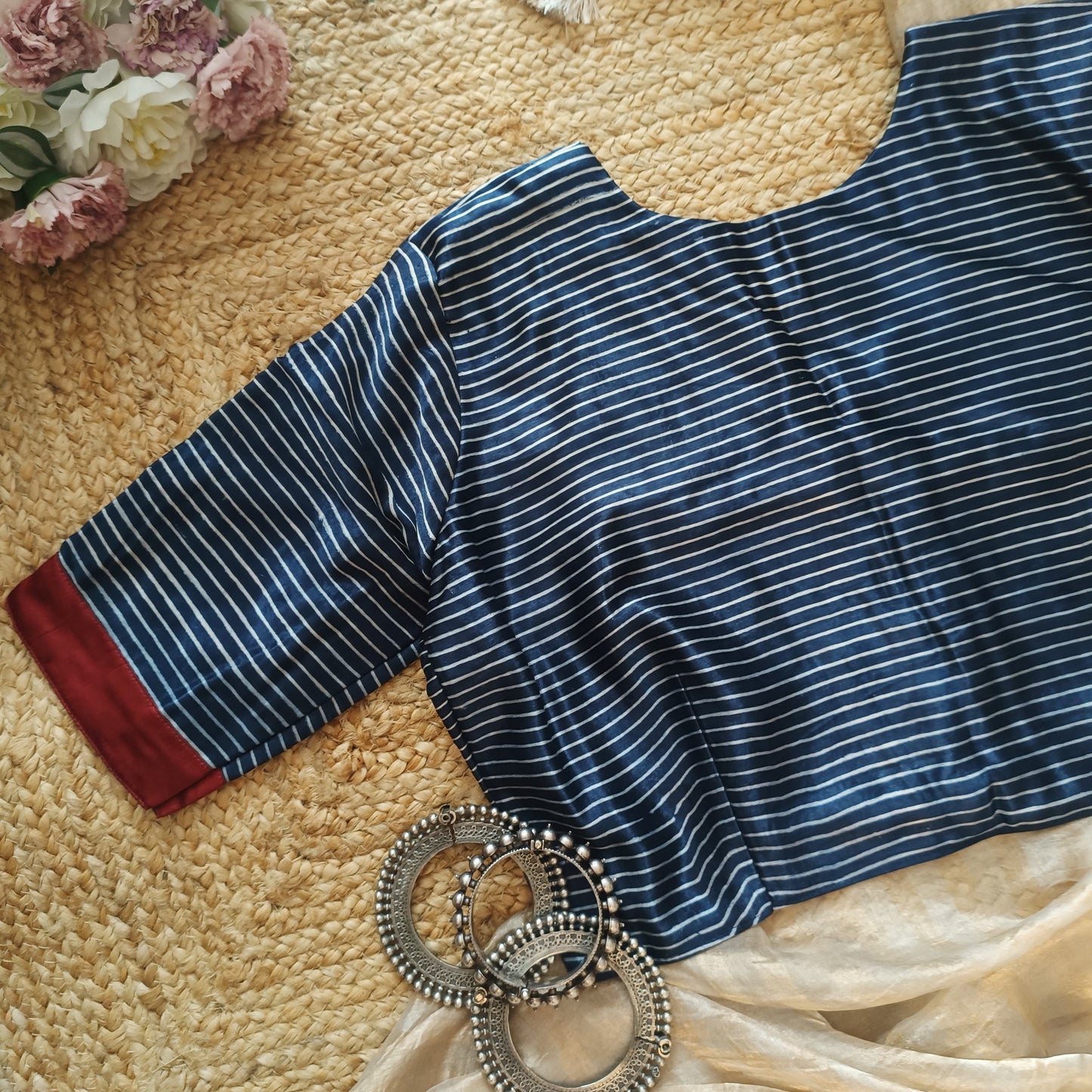 Buy Navy Blue Gaji Silk Stripes Blouse | Godhuli