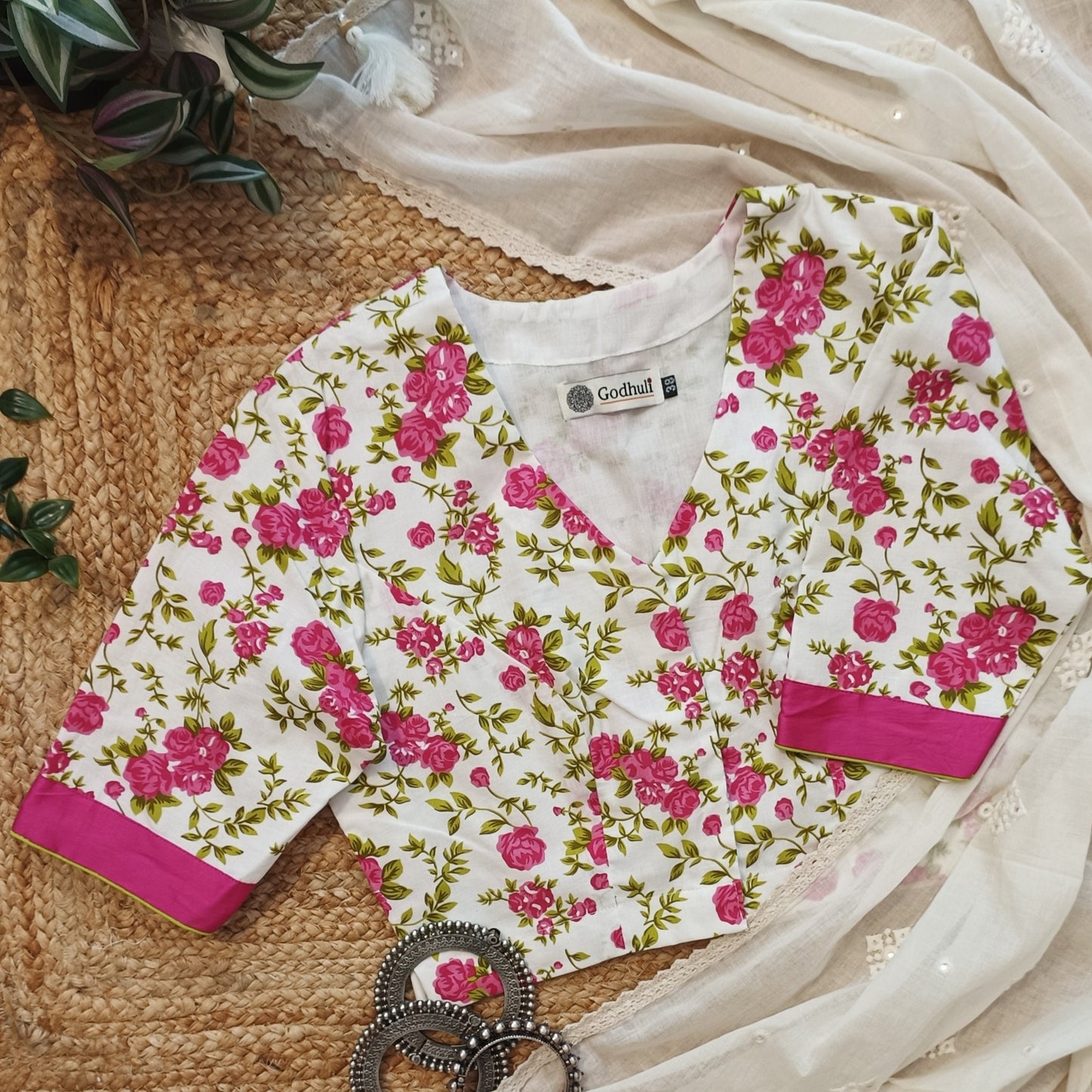 White Floral Printed Cotton Blouse