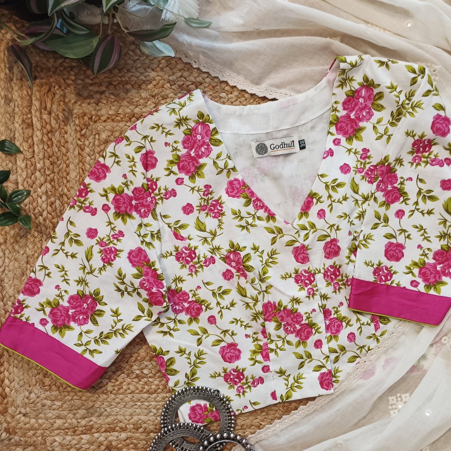 White Floral Printed Cotton Blouse