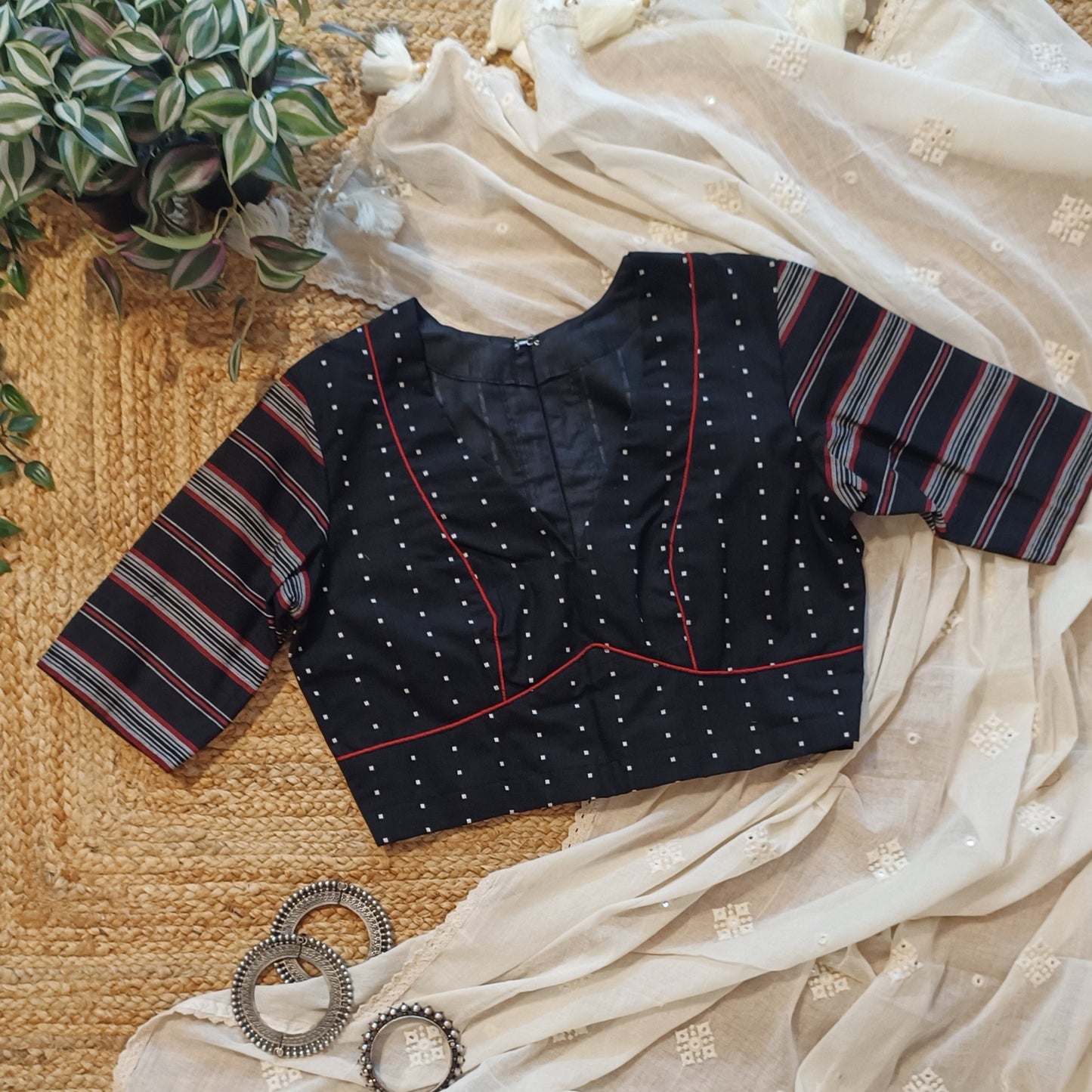 Black Jacquard Blouse with Stripe Sleeves