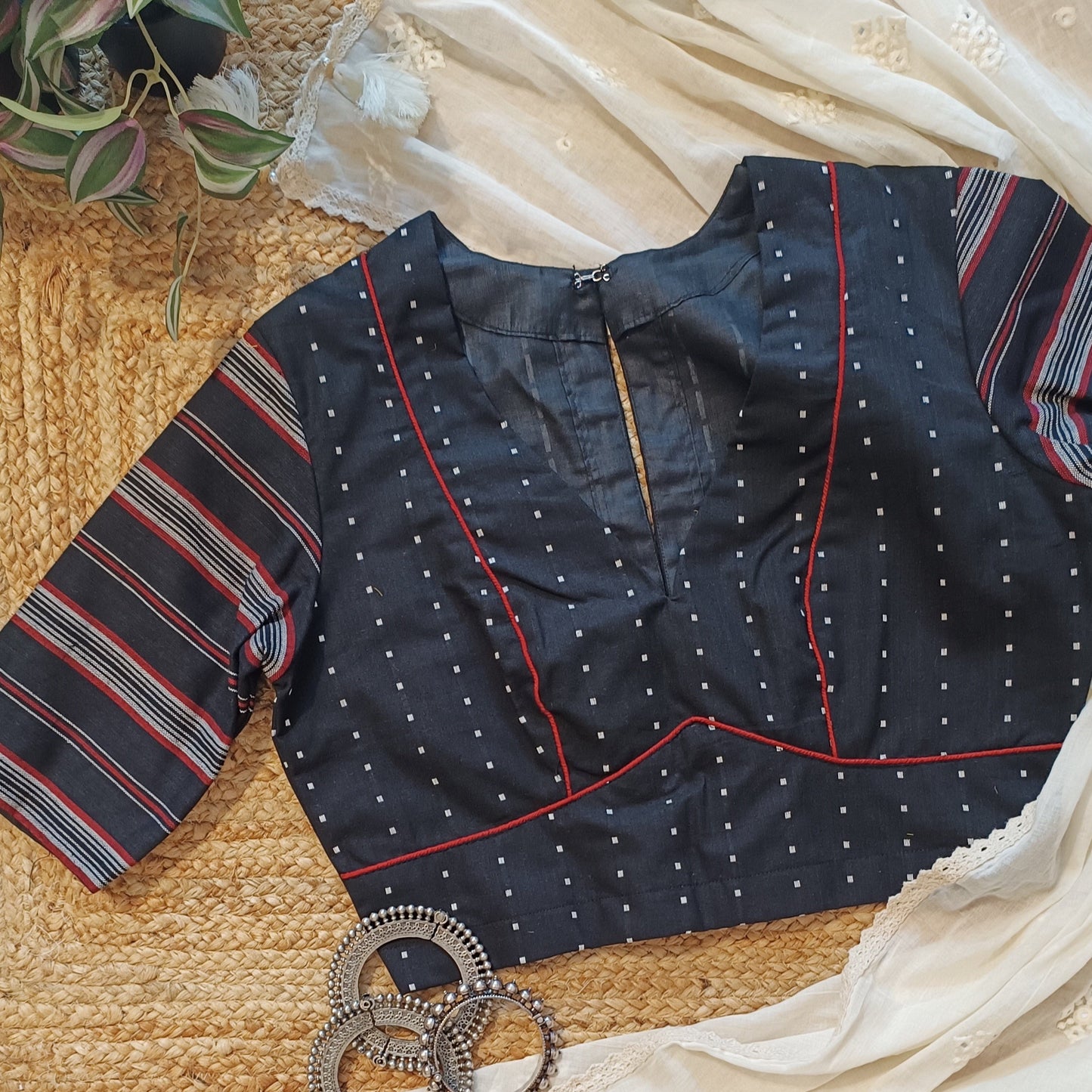 Black Jacquard Blouse with Stripe Sleeves