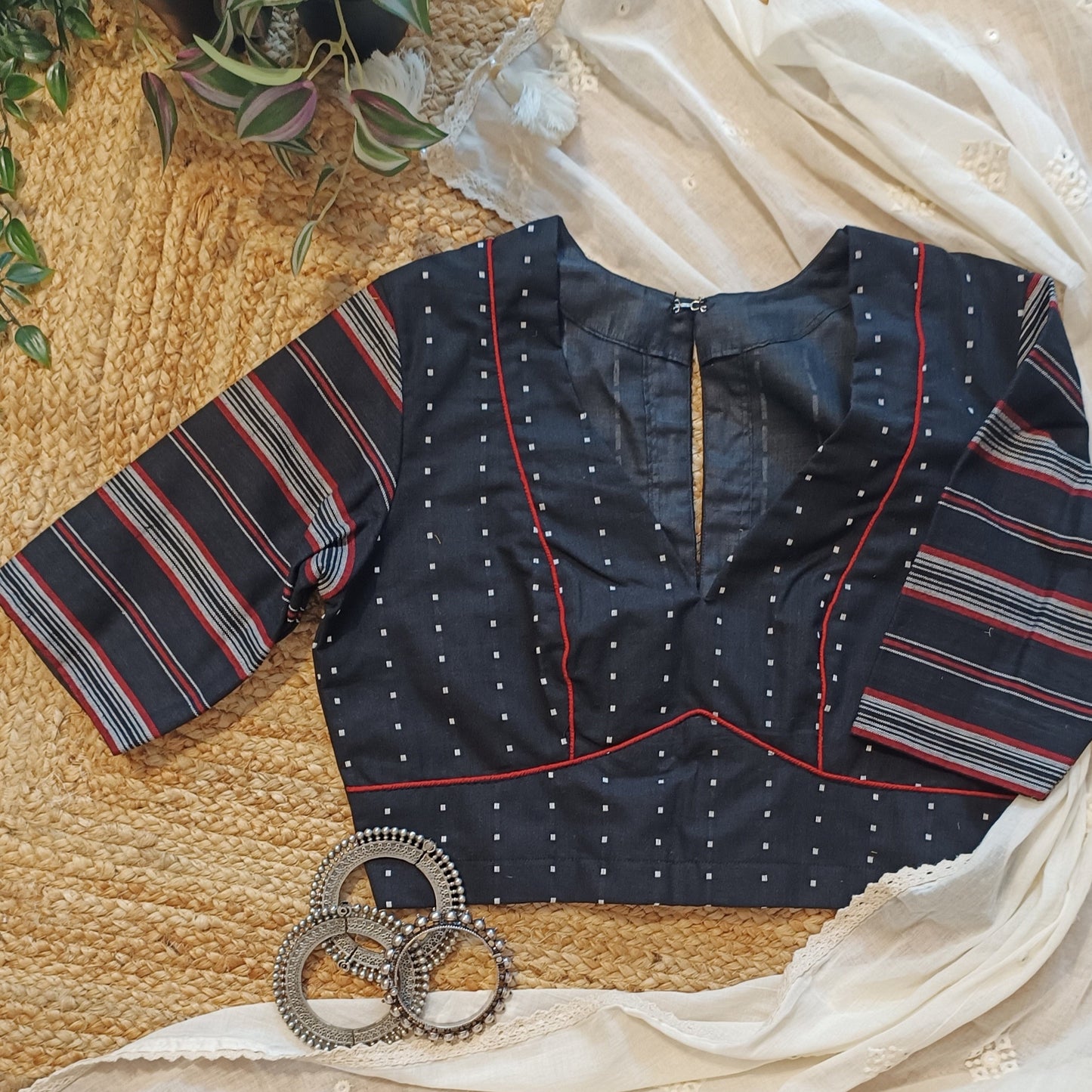 Black Jacquard Blouse with Stripe Sleeves