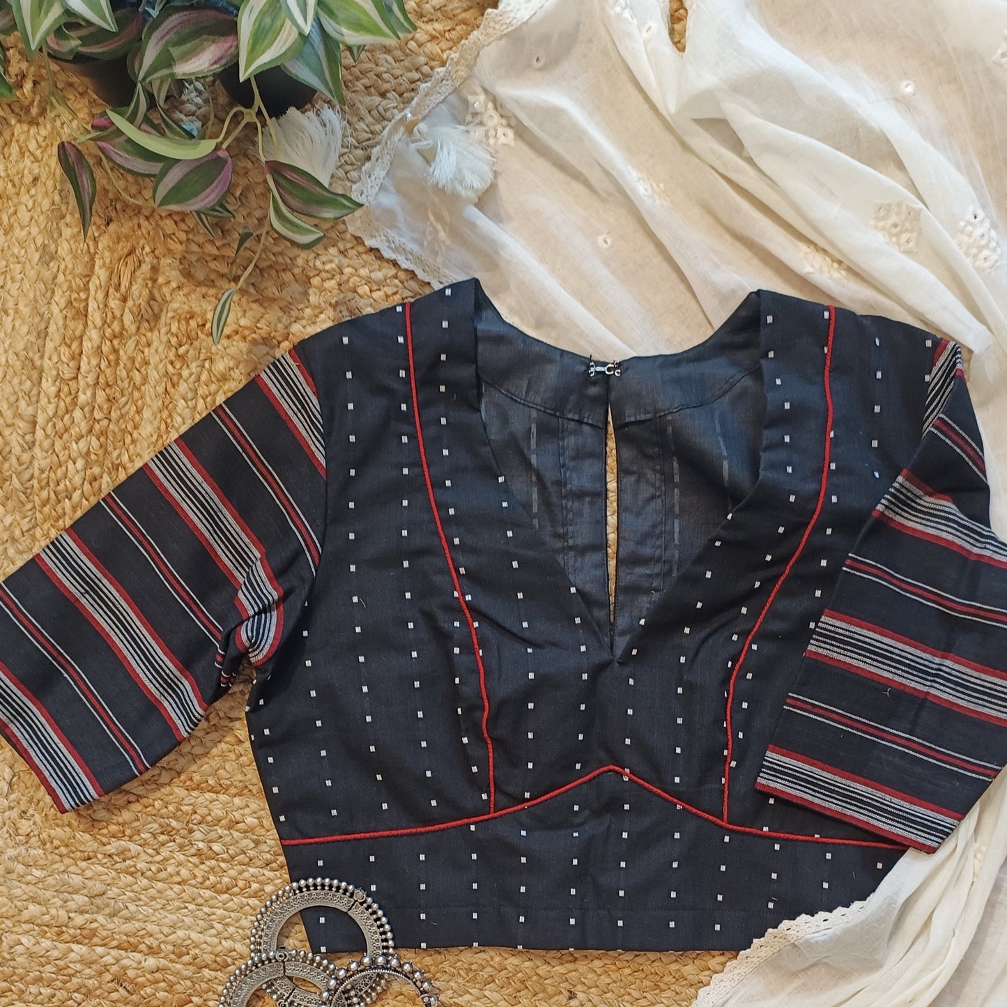 Black Jacquard Blouse with Stripe Sleeves