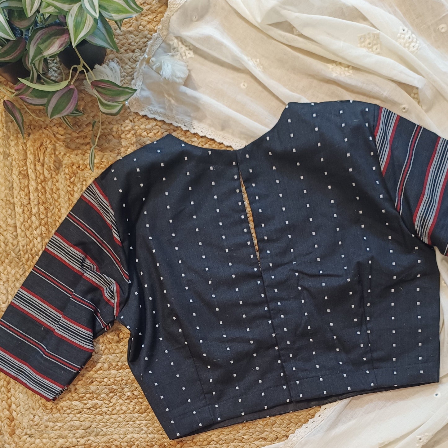 Black Jacquard Blouse with Stripe Sleeves