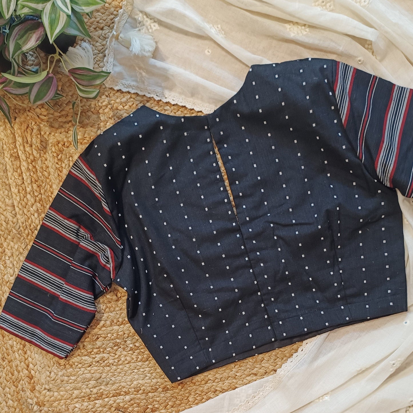 Black Jacquard Blouse with Stripe Sleeves