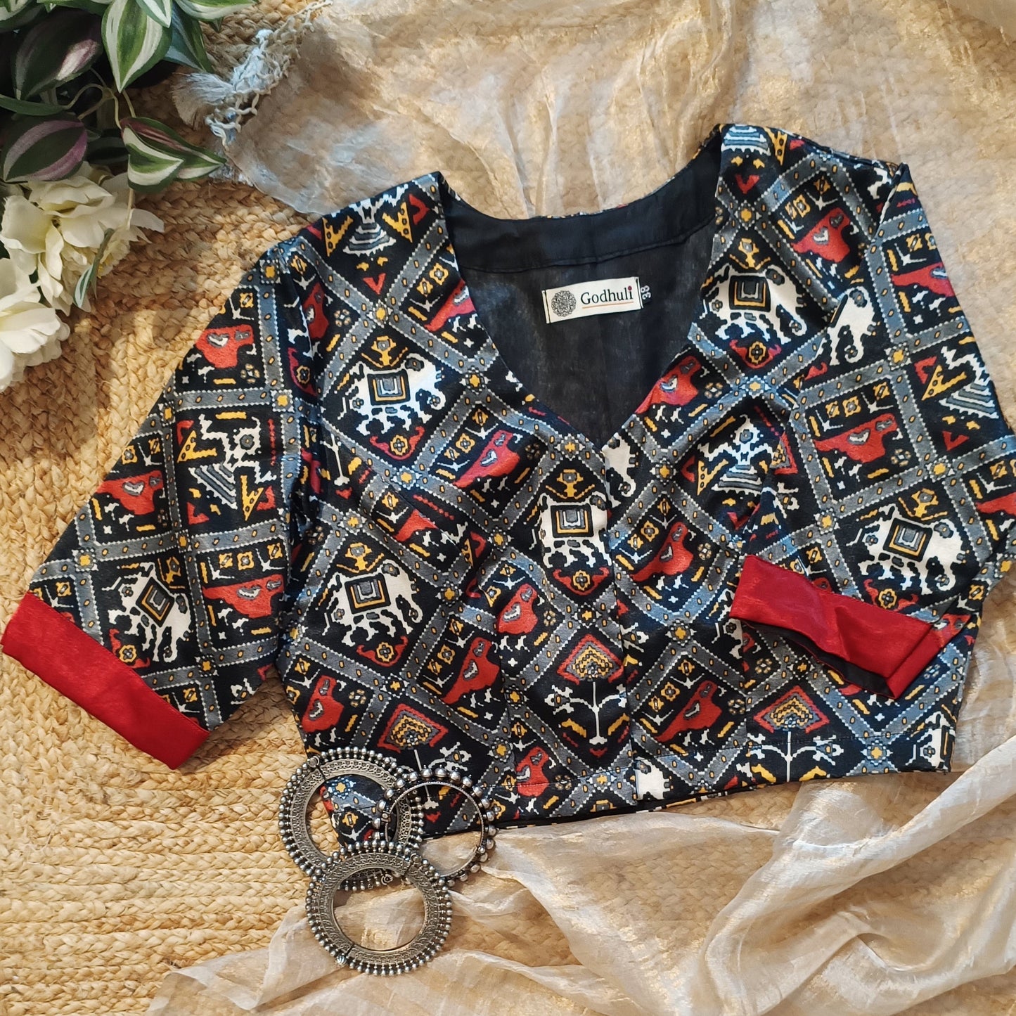 Black Red Gaji Silk Patola Blouse