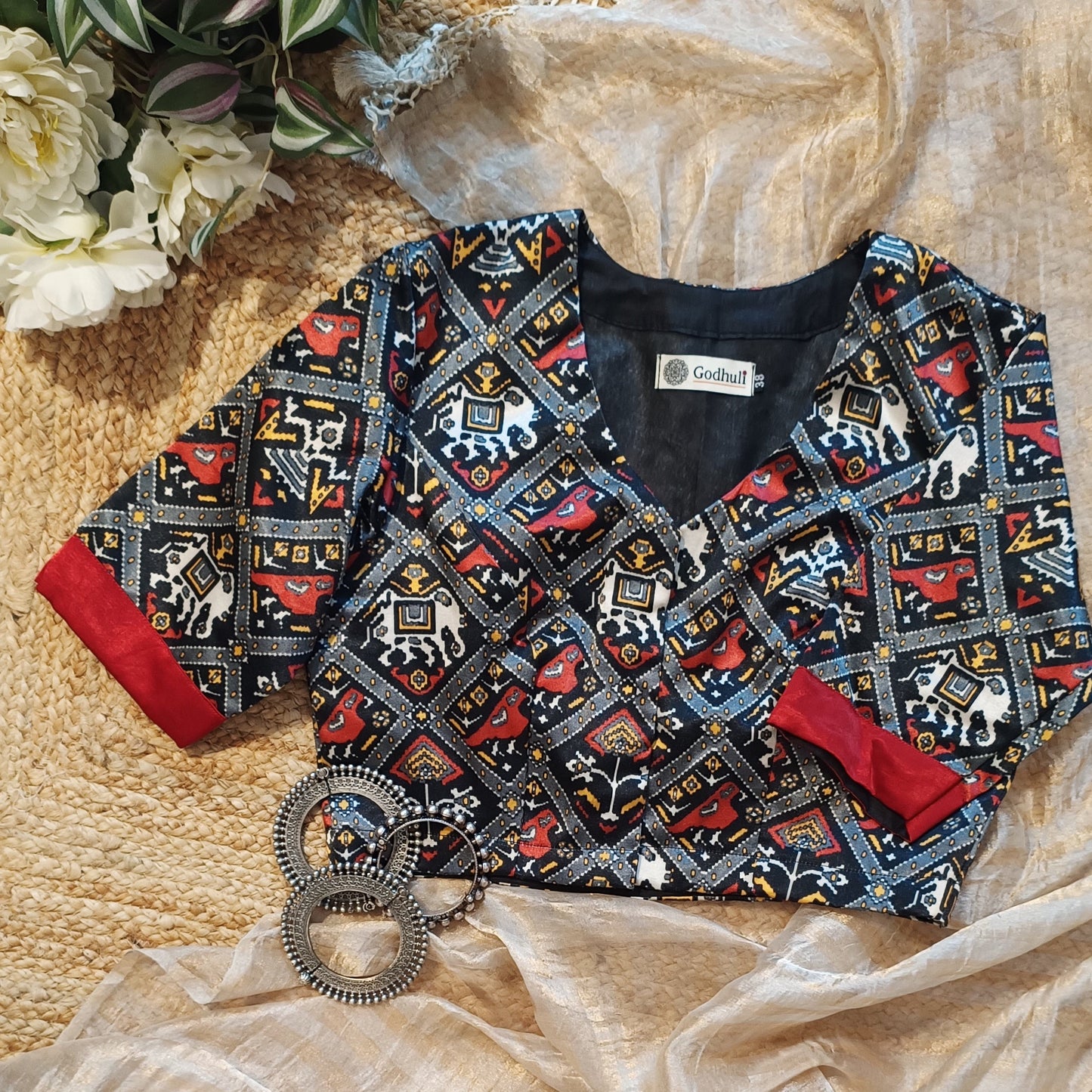 Black Red Gaji Silk Patola Blouse