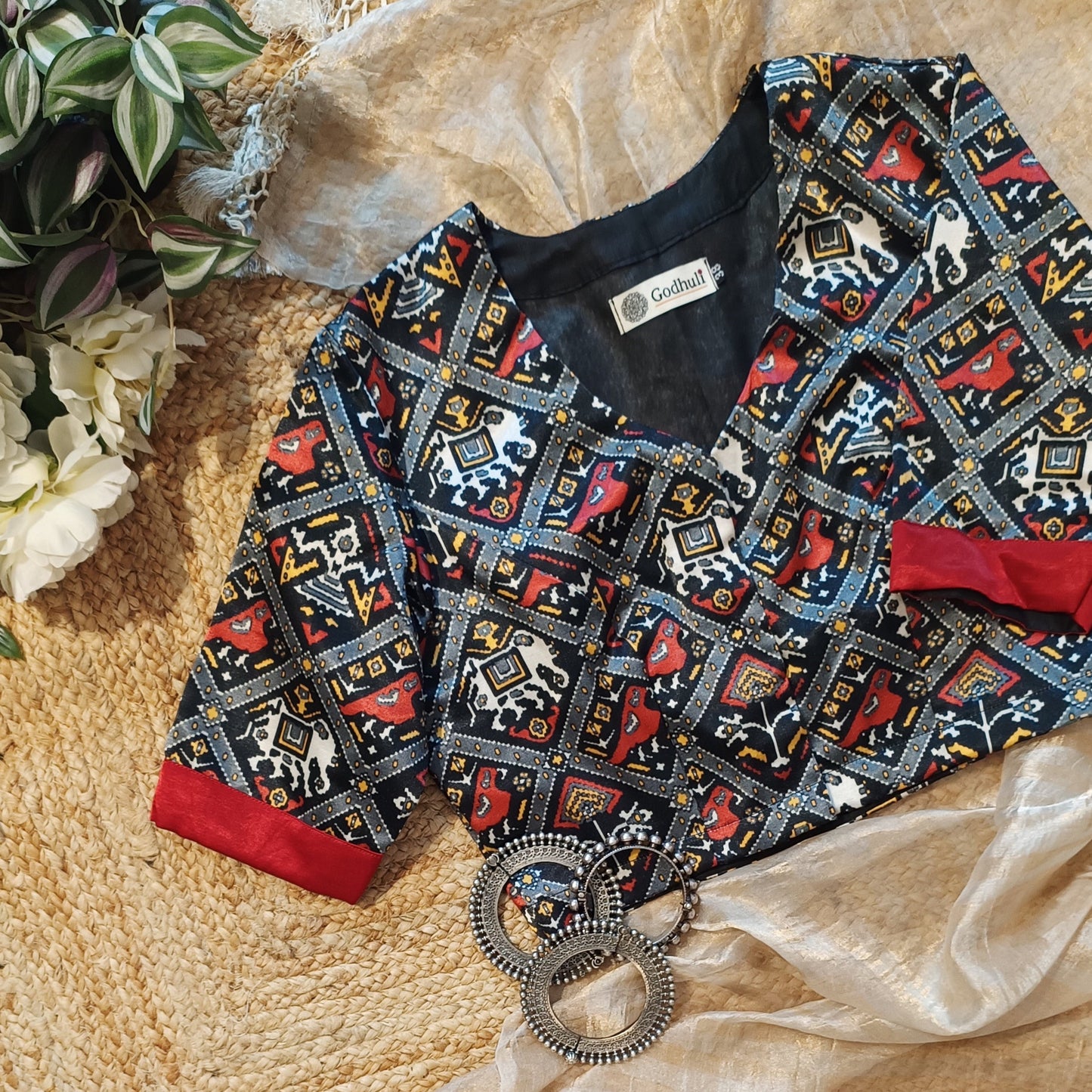 Black Red Gaji Silk Patola Blouse