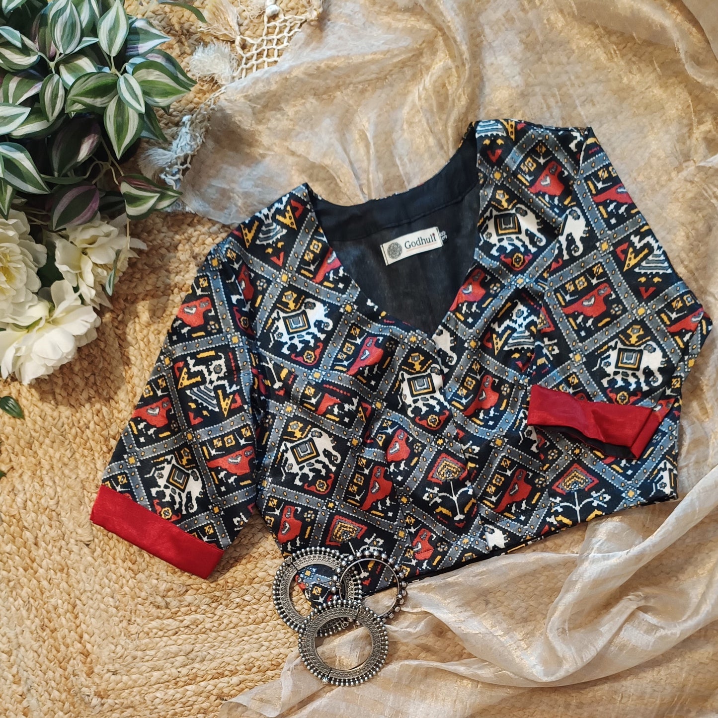 Black Red Gaji Silk Patola Blouse
