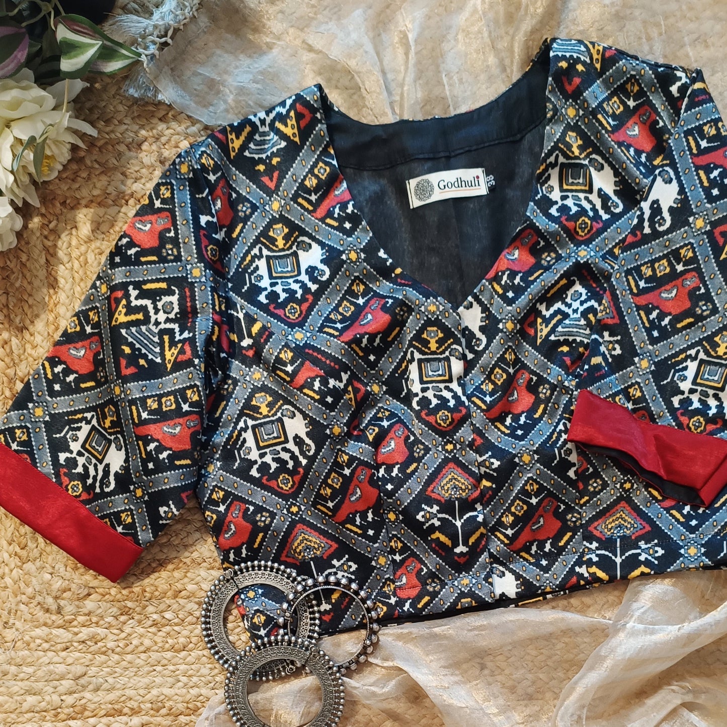Black Red Gaji Silk Patola Blouse