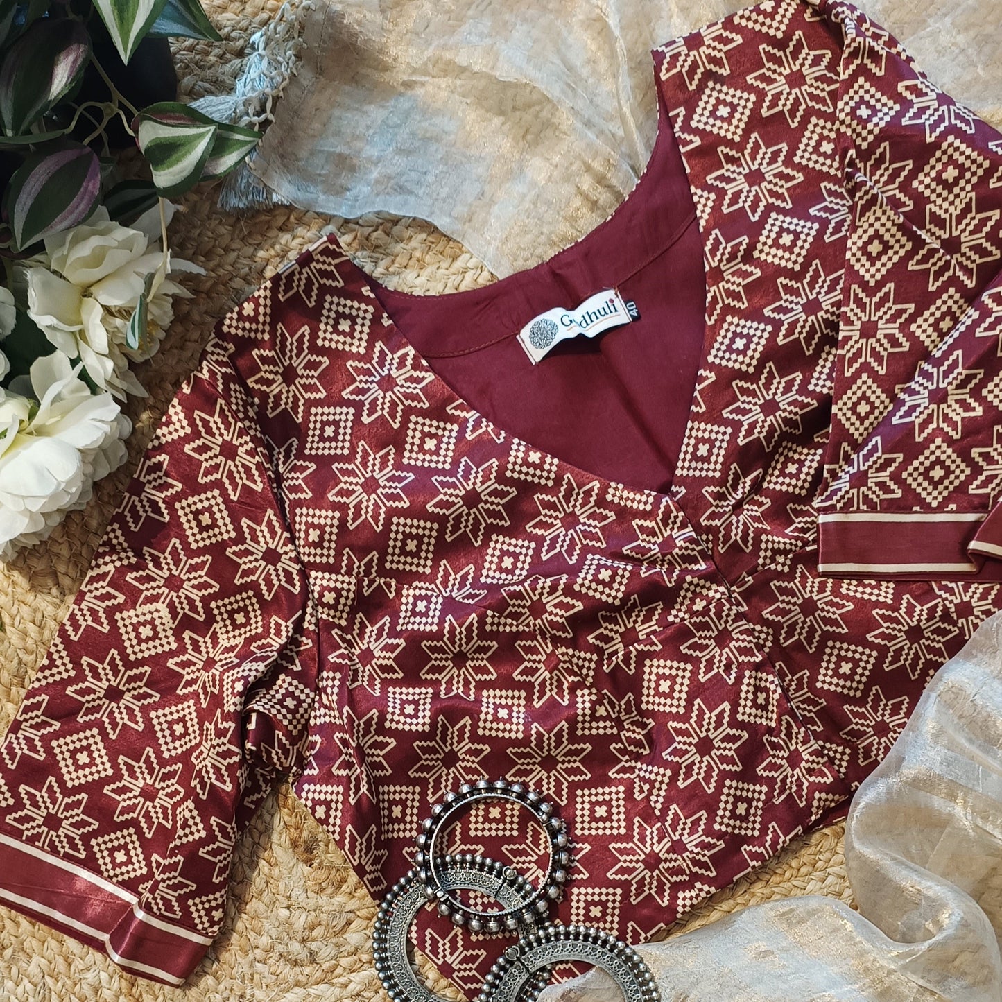 Maroon Ikat Print Gaji Silk Blouse