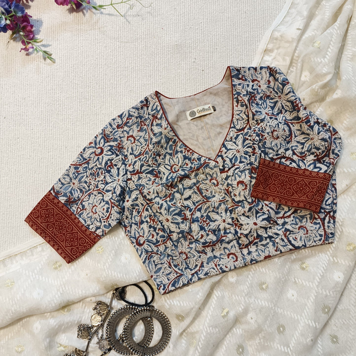 Buy Indigo Blue Kalamkari Blouse | Godhuli