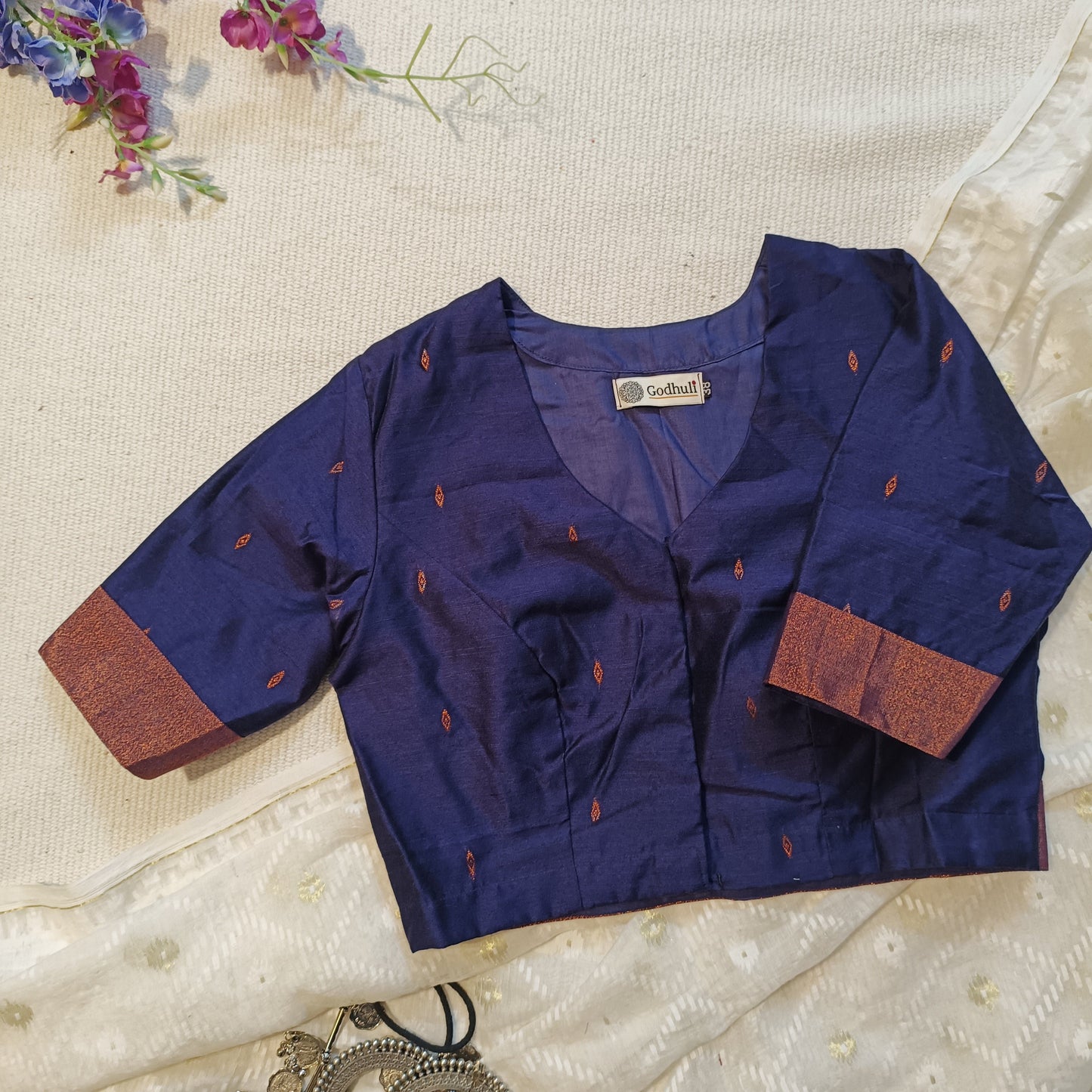 Buy Navy Blue Chanderi Cotton Silk Blouse | Godhuli