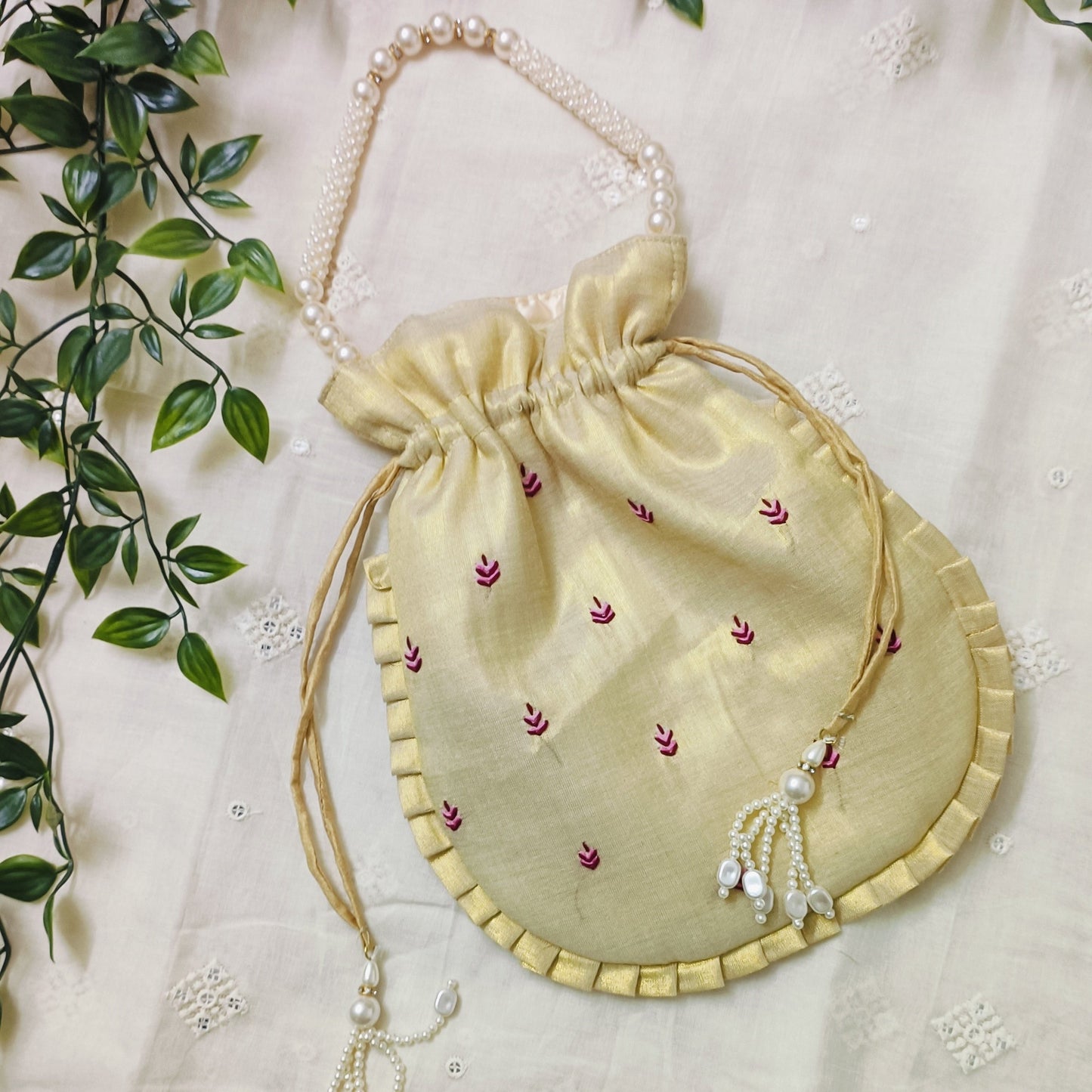 Buy Golden Tissue Shreenathji Potli Bag | Godhuli