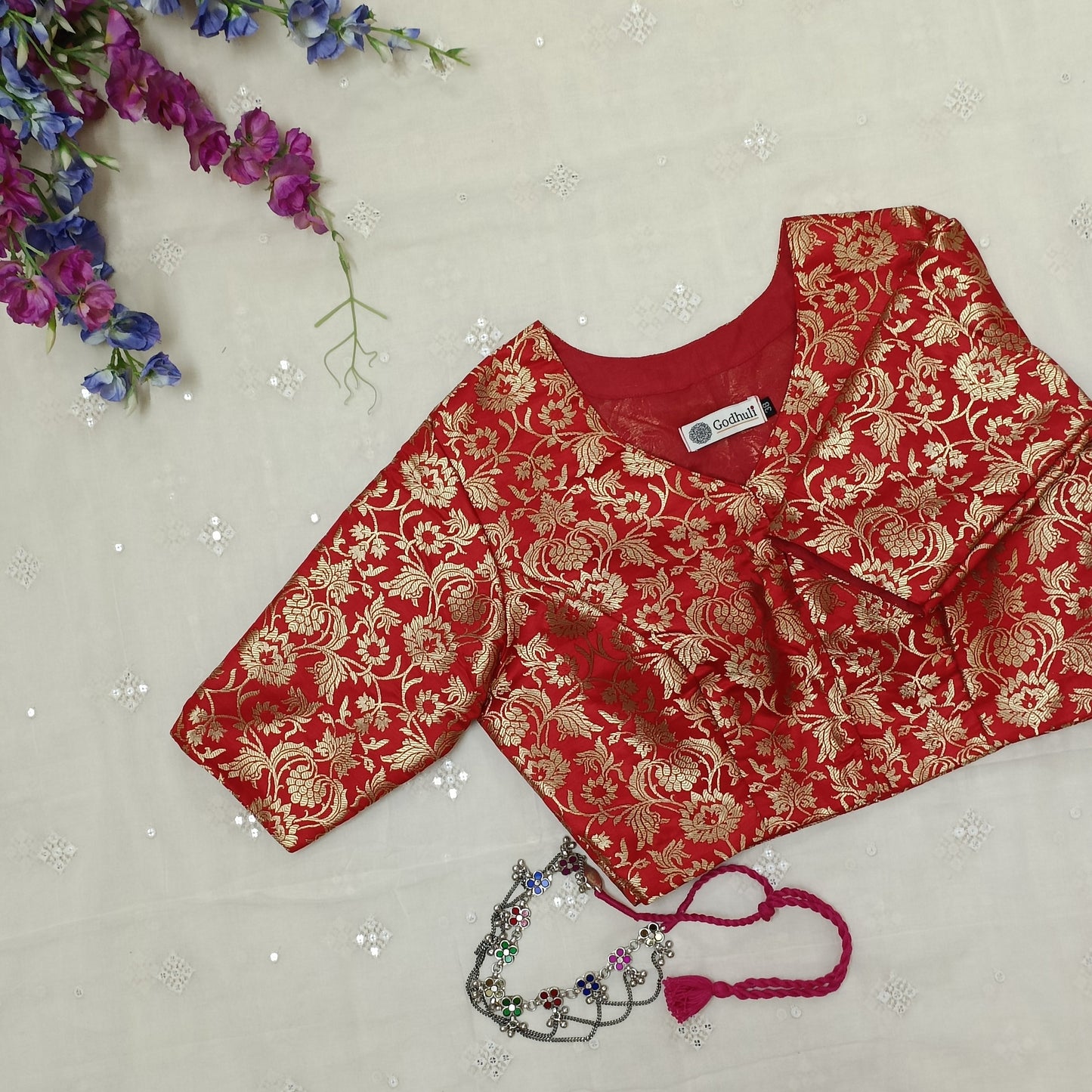 Buy Bright Red Jaal Banarasi Brocade Blouse | Godhuli