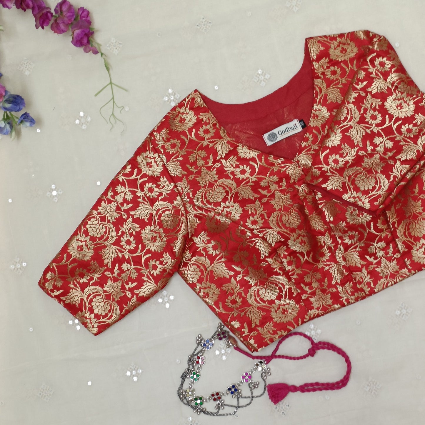 Buy Bright Red Jaal Banarasi Brocade Blouse | Godhuli