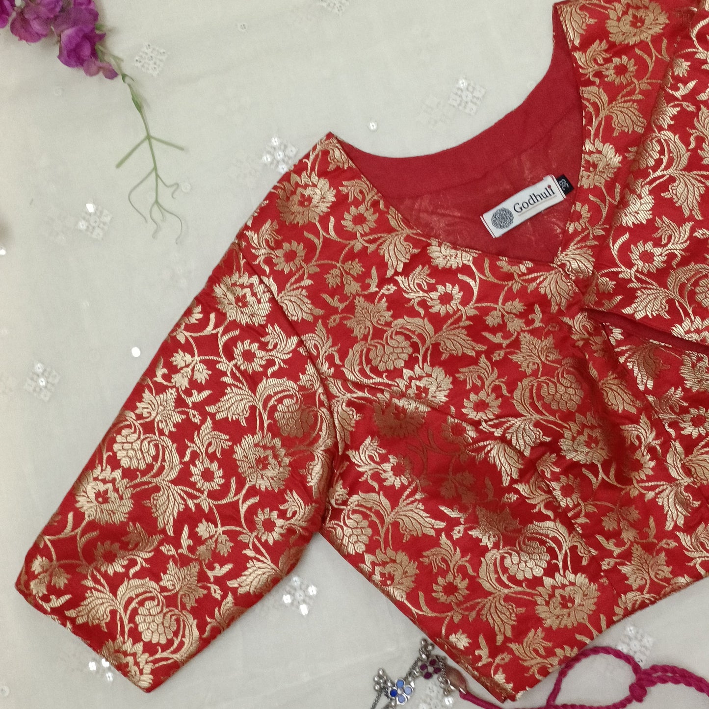 Buy Bright Red Jaal Banarasi Brocade Blouse | Godhuli