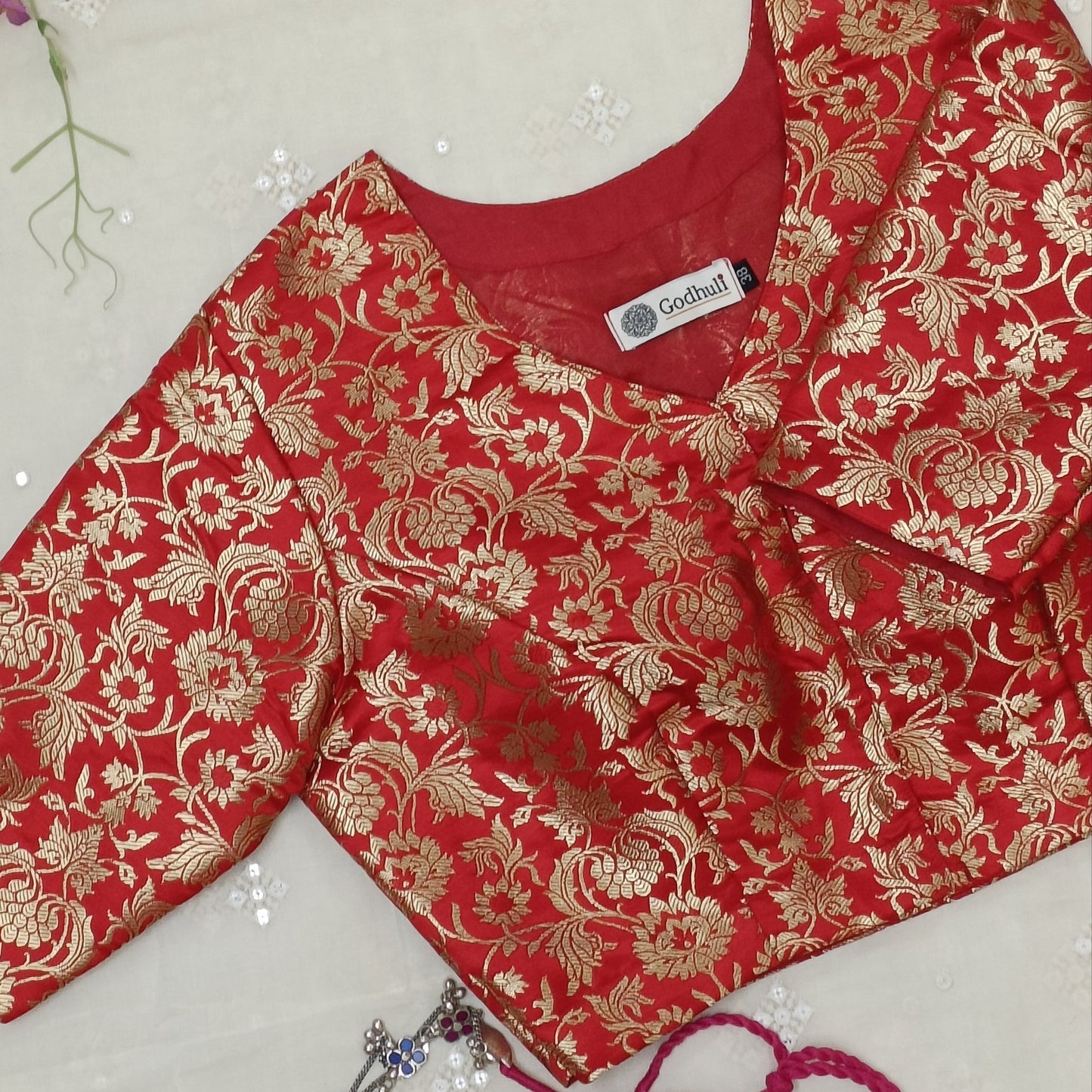 Buy Bright Red Jaal Banarasi Brocade Blouse | Godhuli