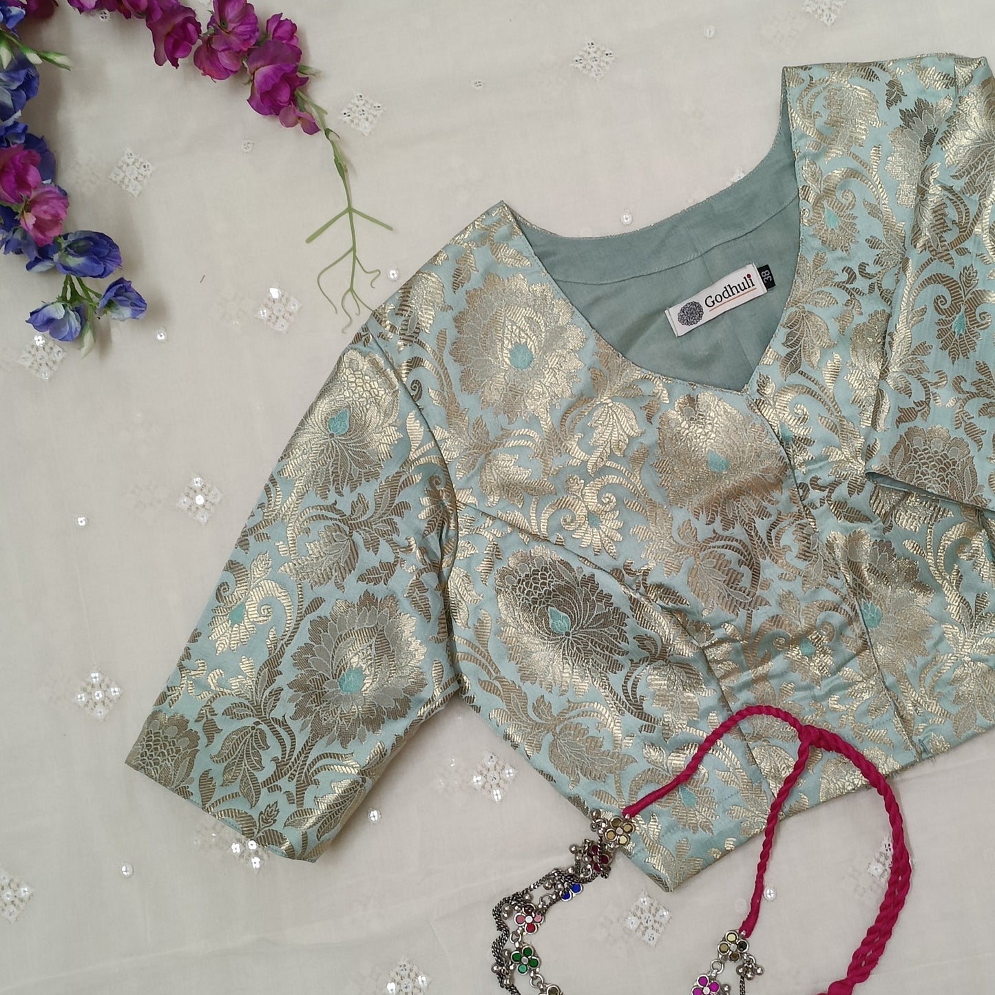Buy Powder Blue Jaal Banarasi Brocade Blouse | Godhuli
