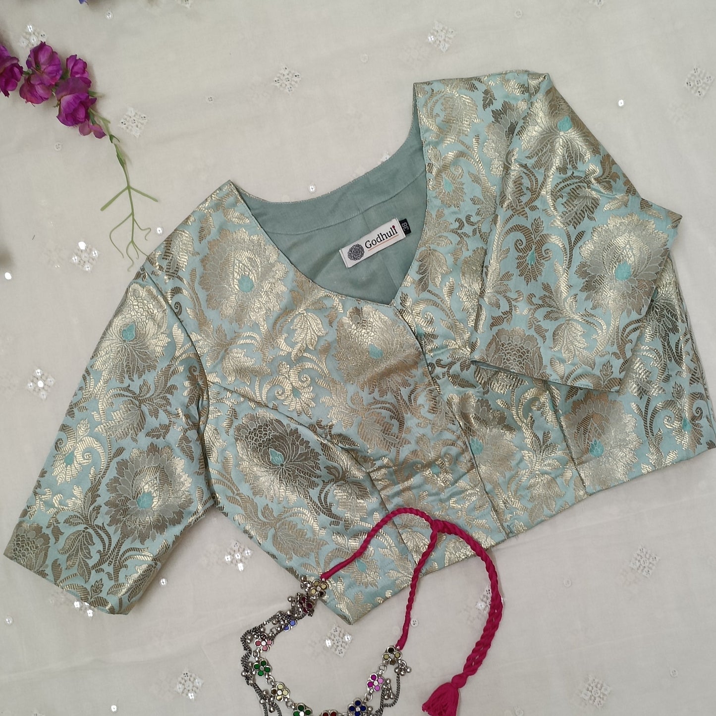 Buy Powder Blue Jaal Banarasi Brocade Blouse | Godhuli