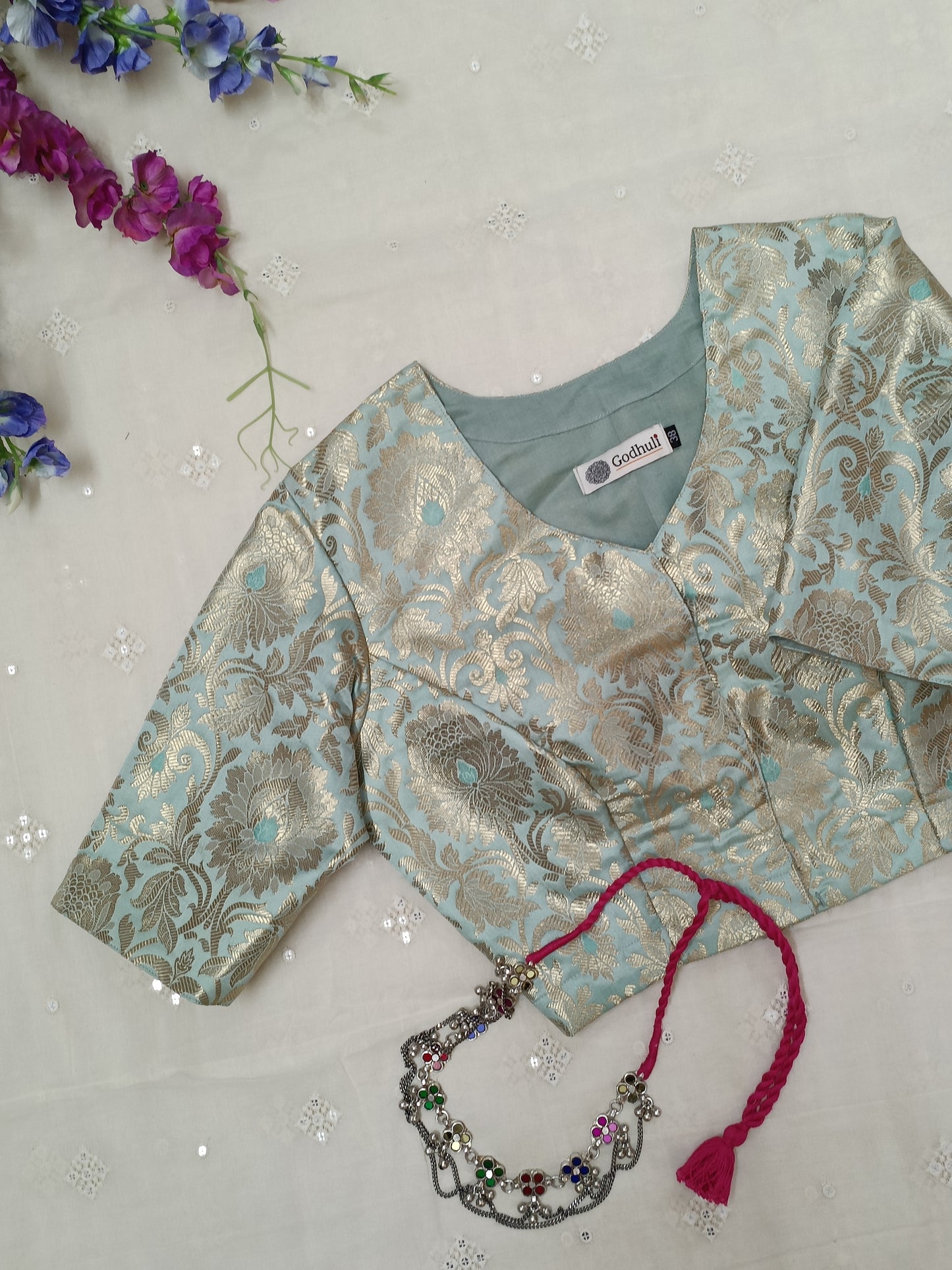 Buy Powder Blue Jaal Banarasi Brocade Blouse | Godhuli