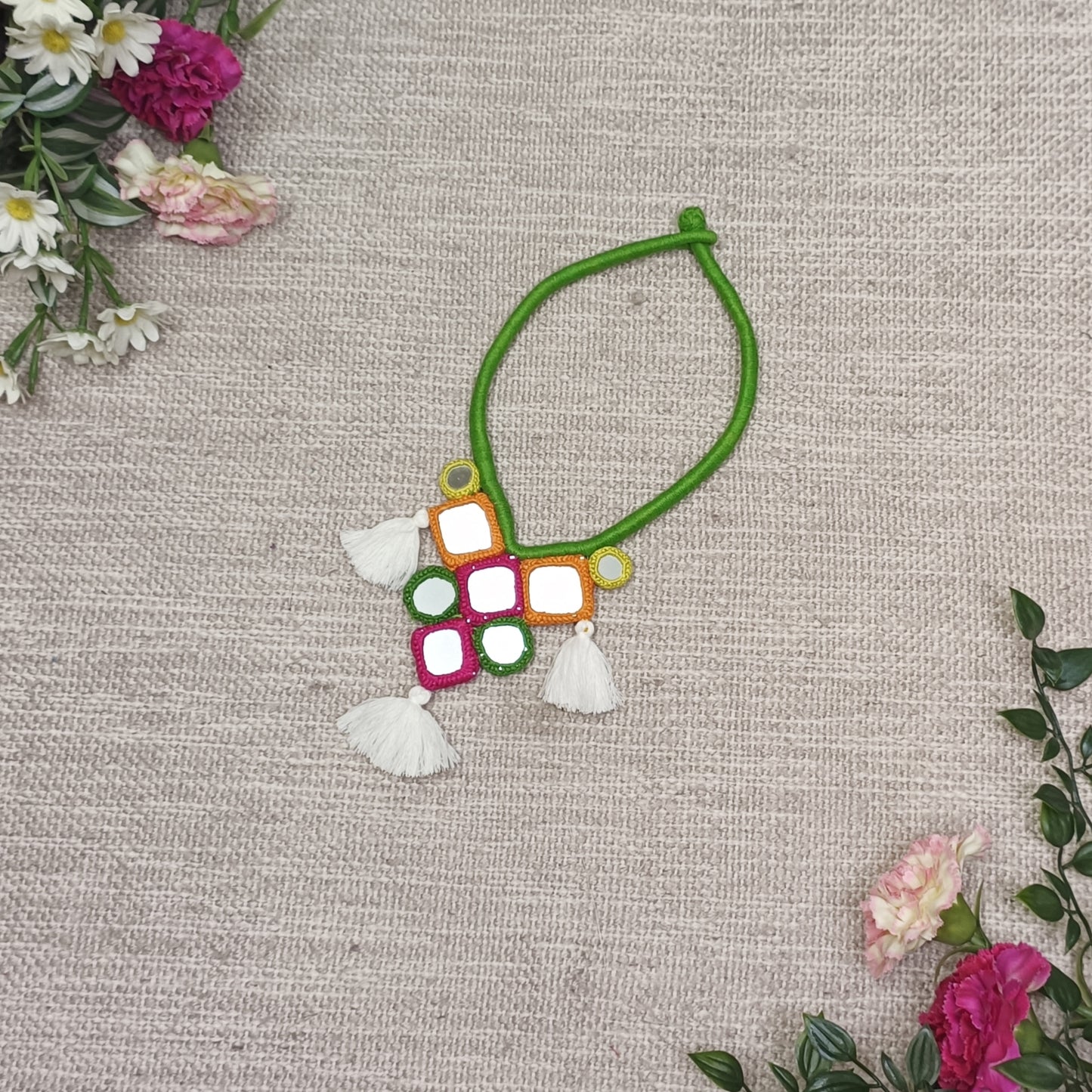 Handcrafted Mirrorwork Light Green Dori Neckpiece
