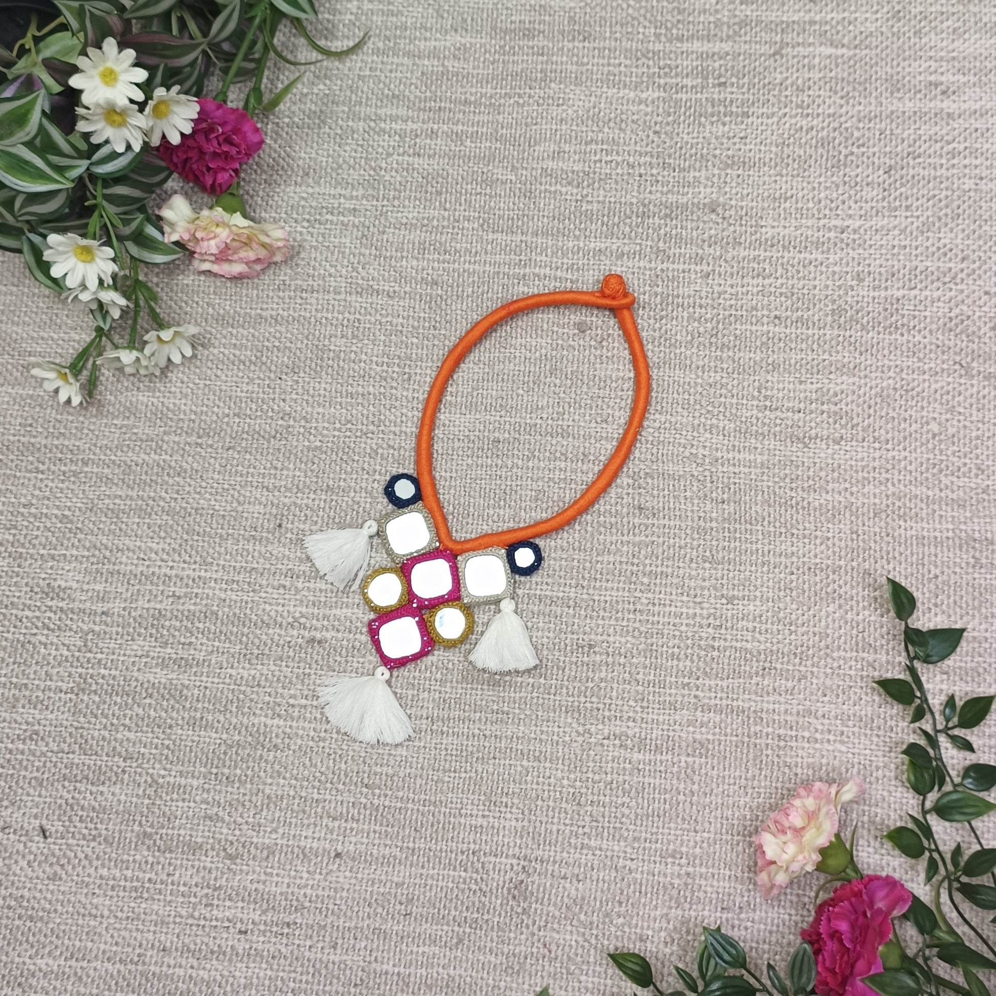 Handcrafted Mirrorwork Orange Dori Neckpiece