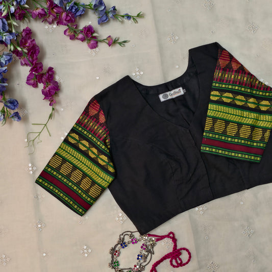 Buy Black Colour Blouse with Jacquard Sleeves| Godhuli