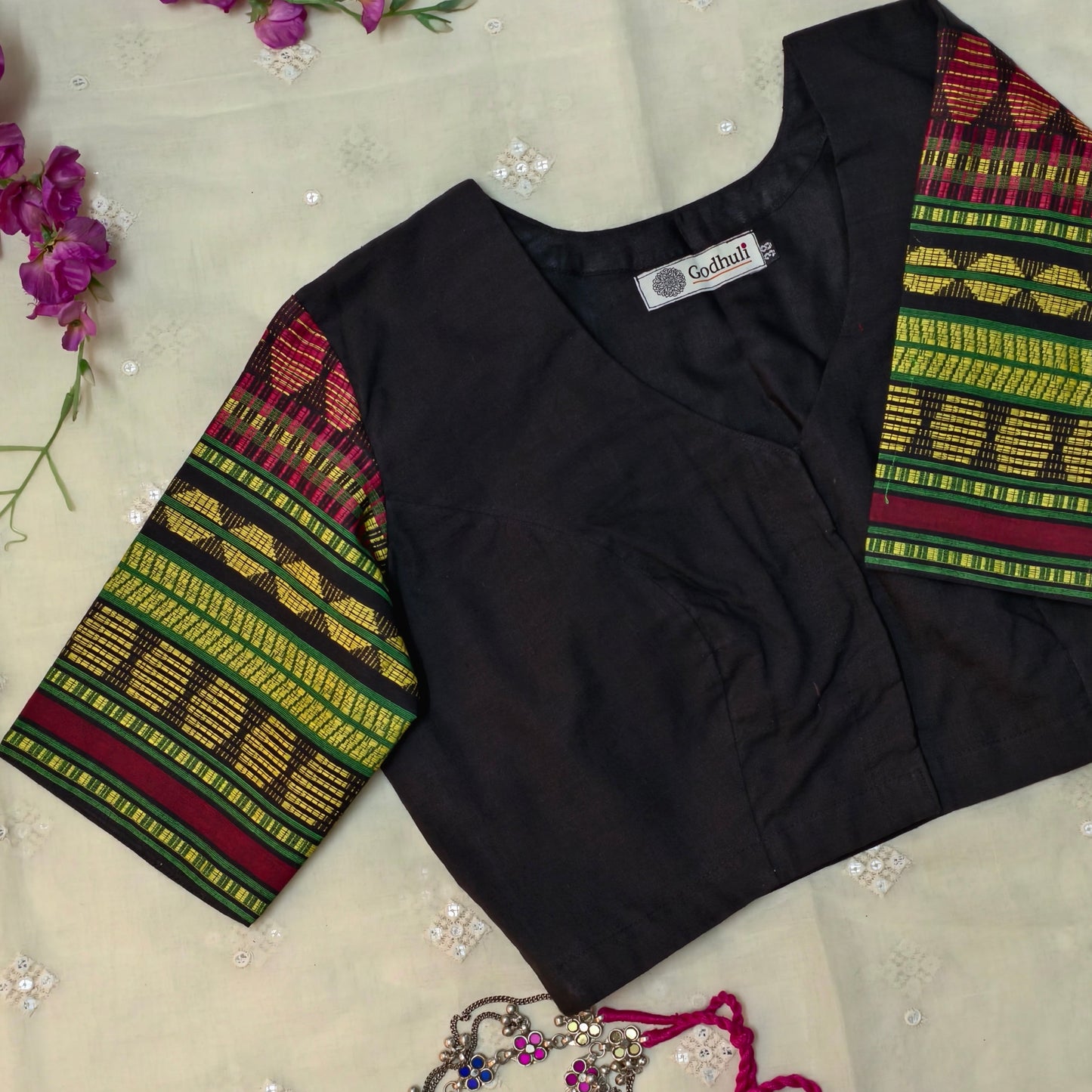 Buy Black Colour Blouse with Jacquard Sleeves| Godhuli