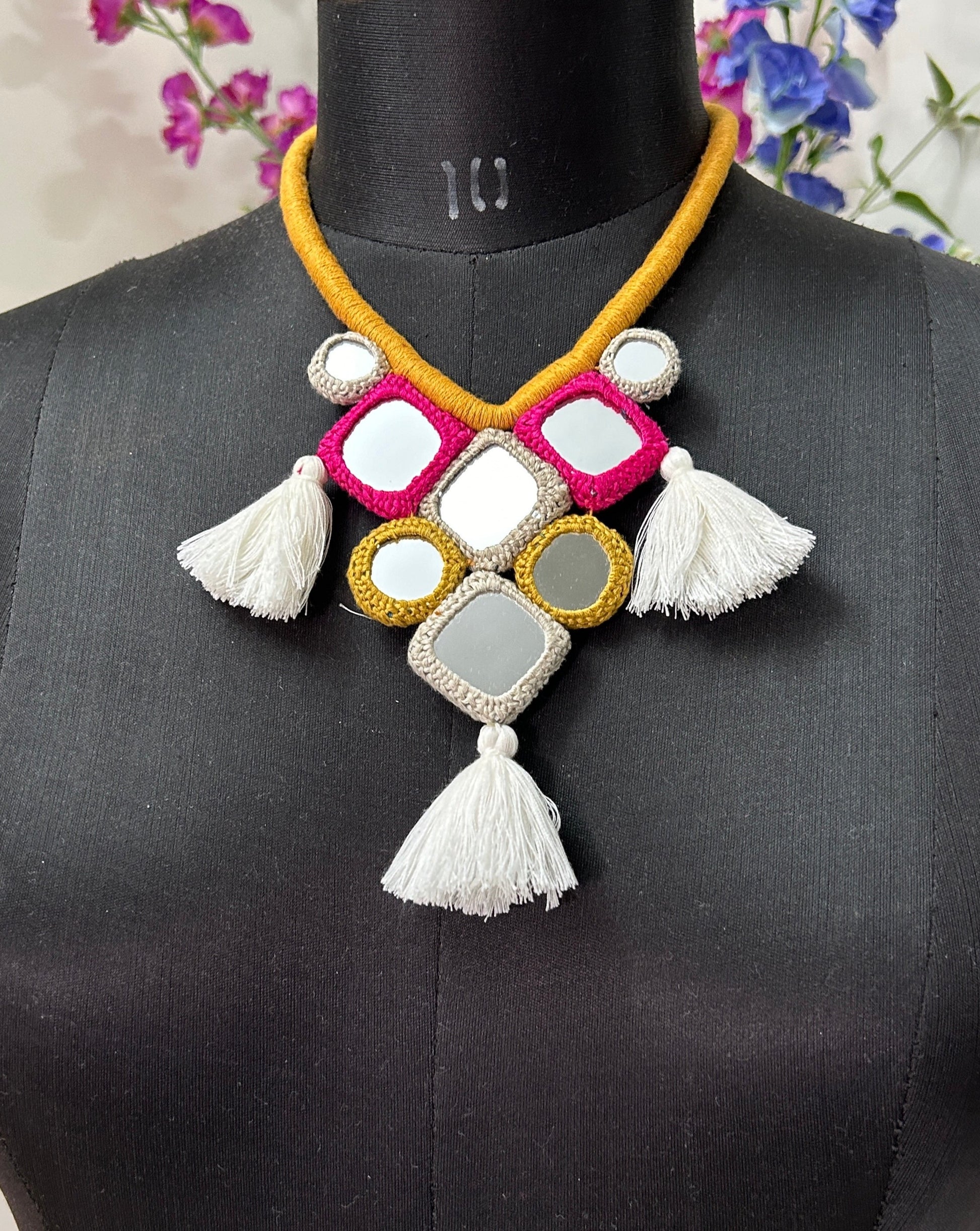 Handcrafted Mirrorwork Yellow Dori Neckpiece