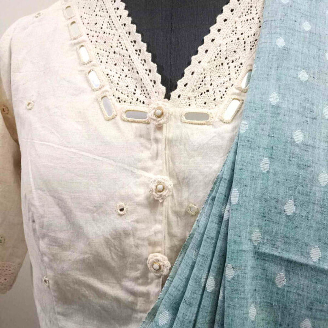 Ivory Crop Top Blouse with Mirror Work