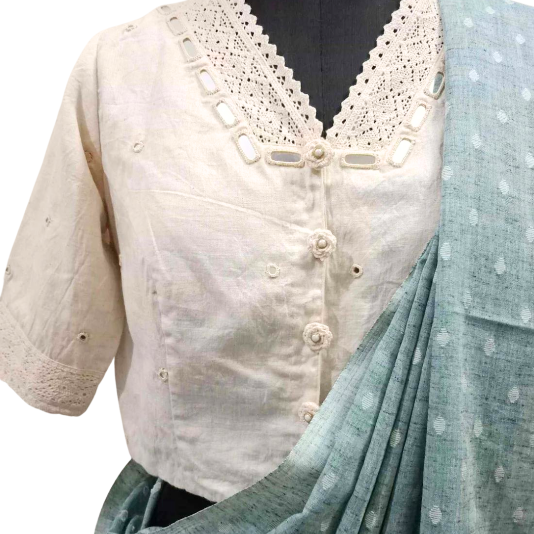 Ivory Crop Top Blouse with Mirror Work