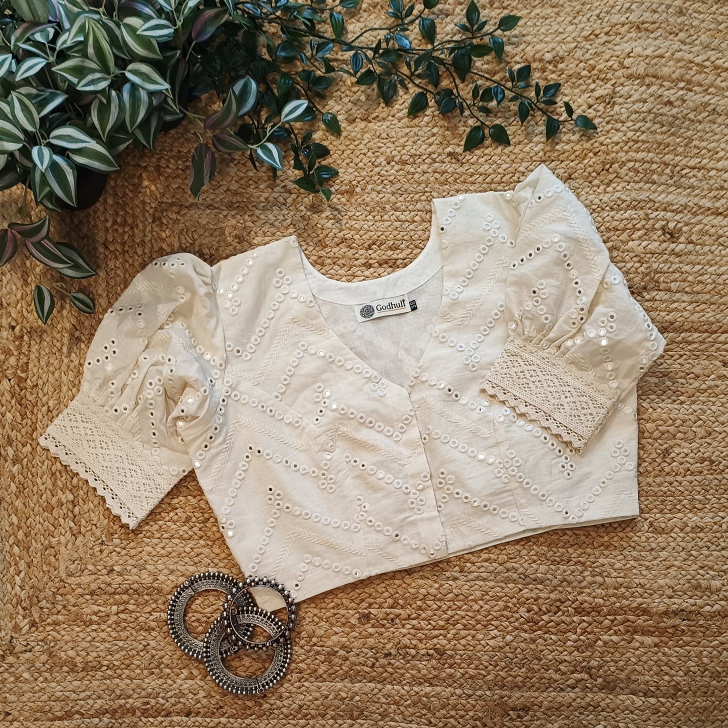 Ivory Mirrorwork Blouse with Puff Sleeves