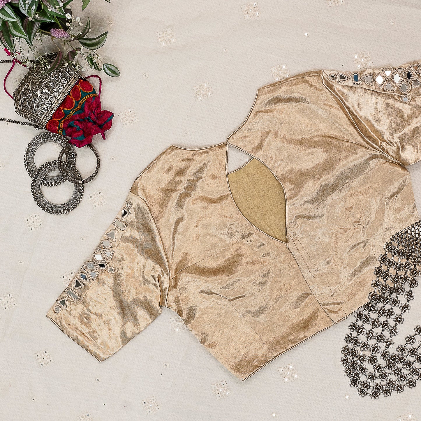 Beige Gaji Silk Mirror Work Blouse