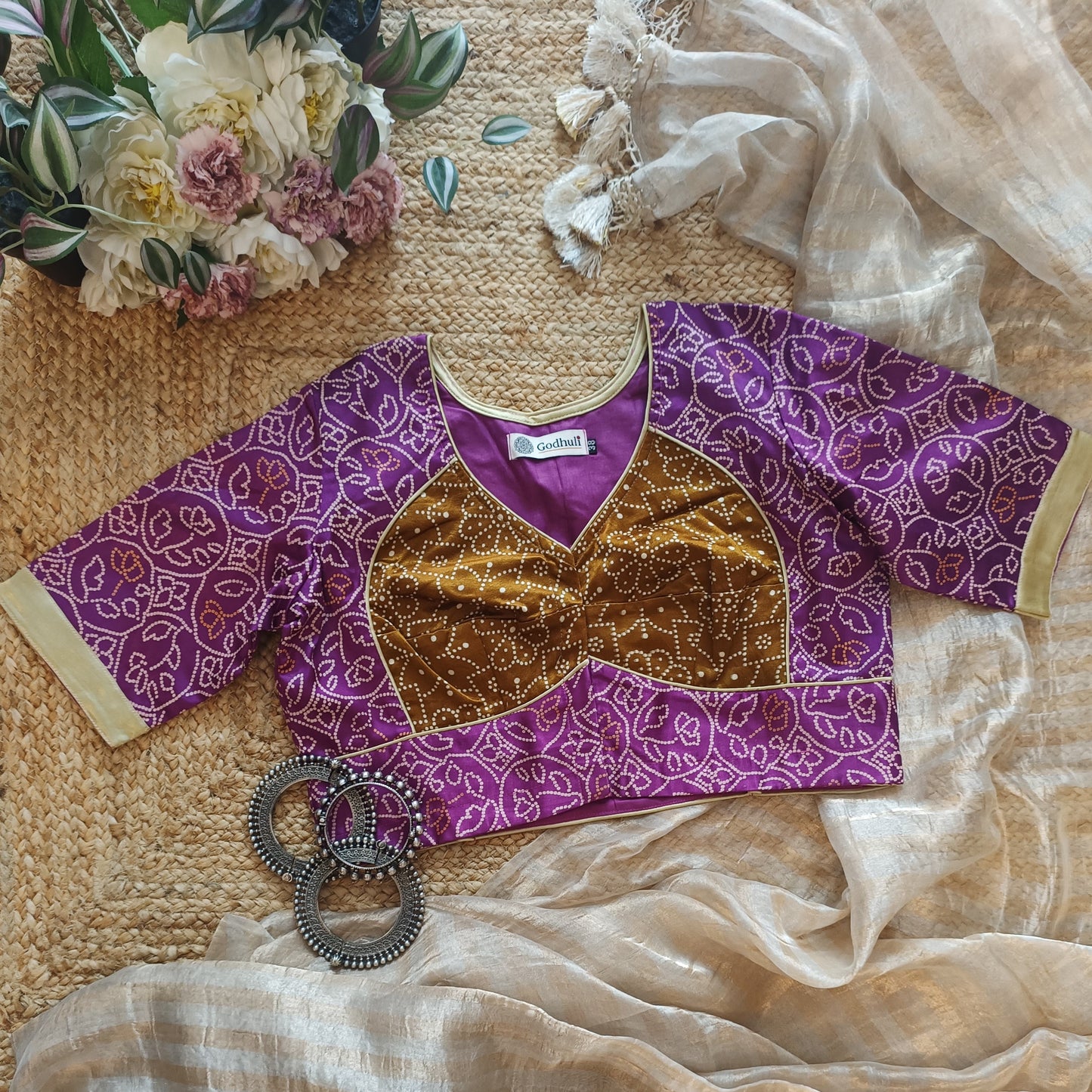 Lilac Purple Gaji Silk Blouse with Mustard Choli Pattern