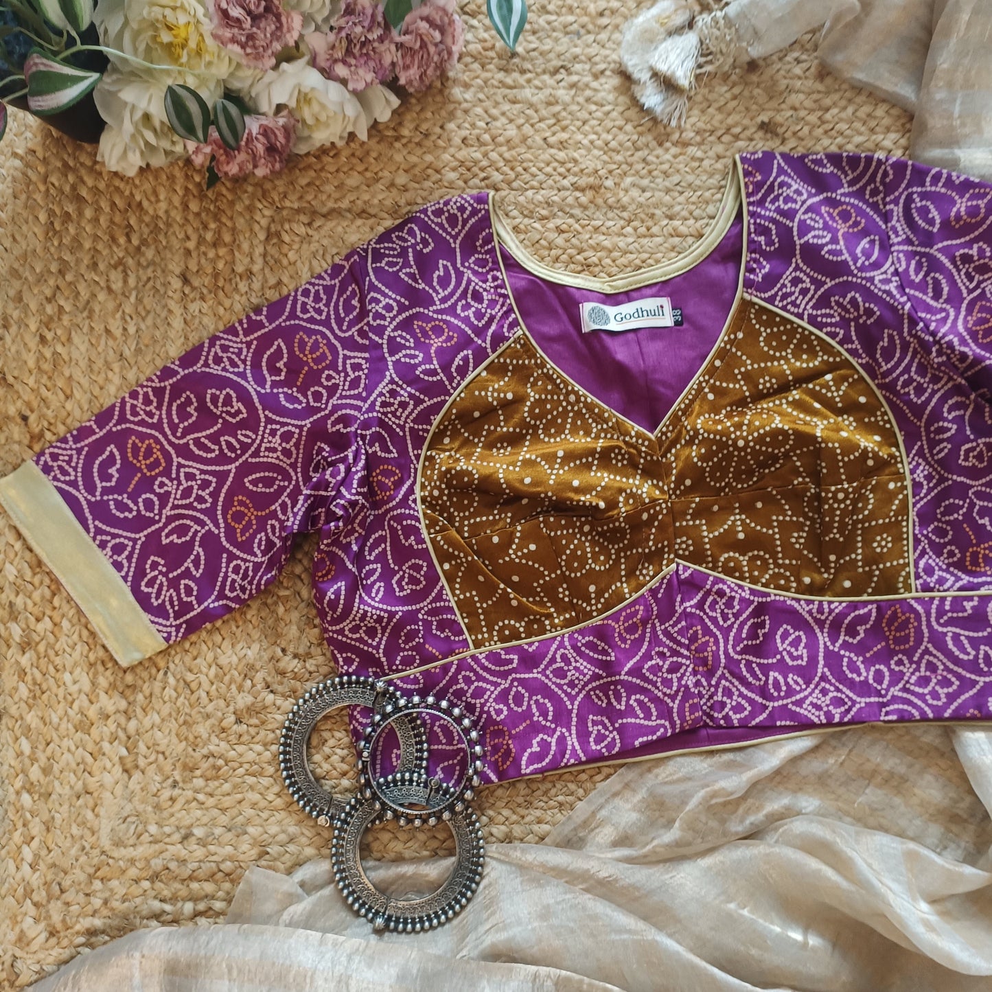 Lilac Purple Gaji Silk Blouse with Mustard Choli Pattern