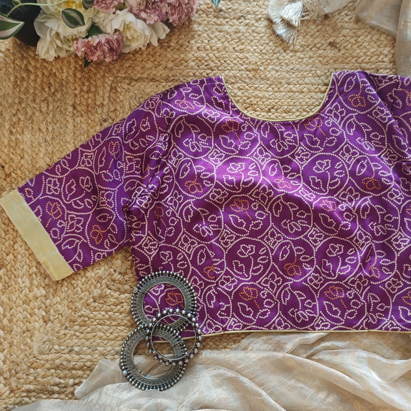 Lilac Purple Gaji Silk Blouse with Mustard Choli Pattern