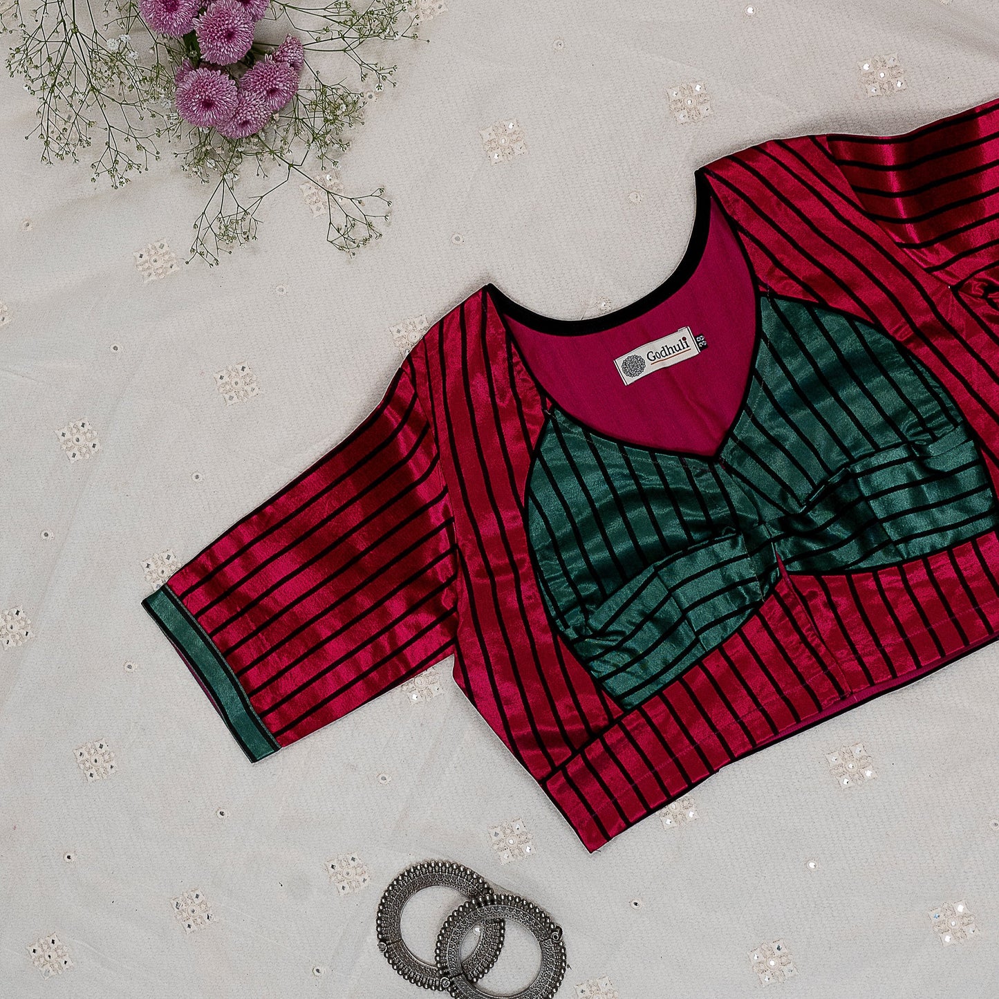Magenta Green Gaji Silk Choli Pattern Blouse