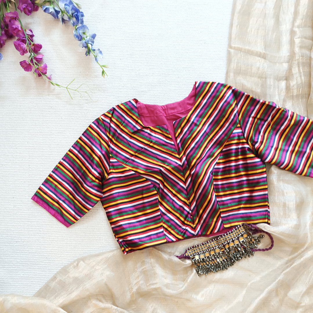 Magenta Green Yellow Stripes Multicoloured Gaji Silk Blouse