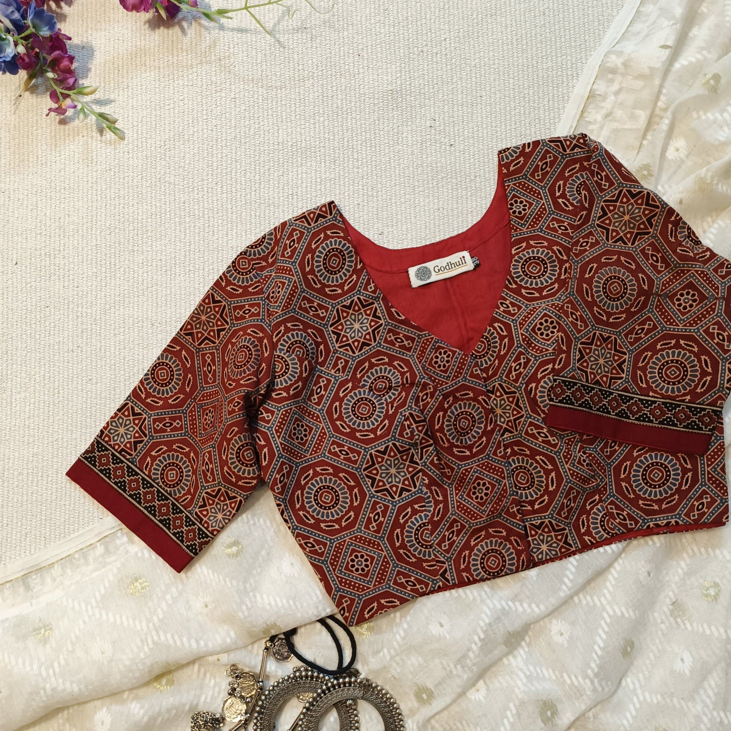 Maroon Ajrakh Blouse with Sleeves