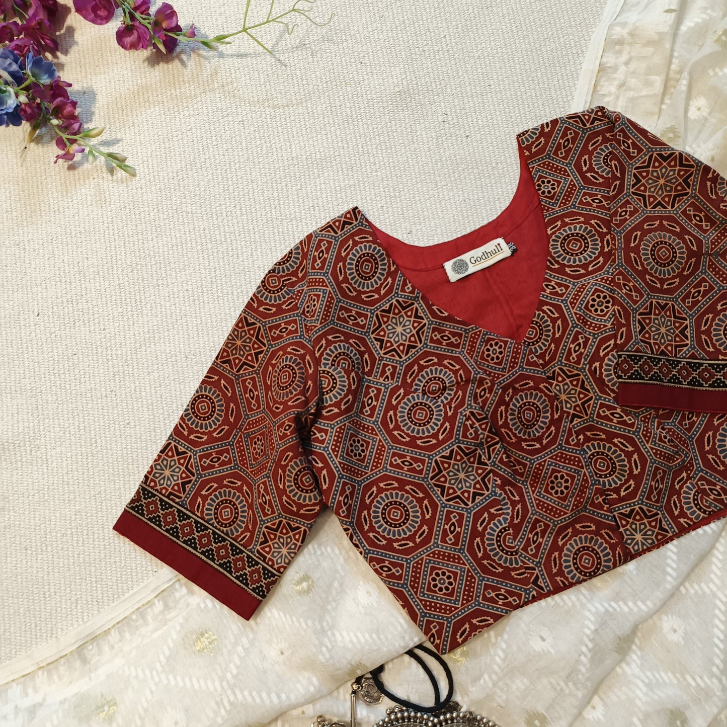 Maroon Ajrakh Blouse with Sleeves