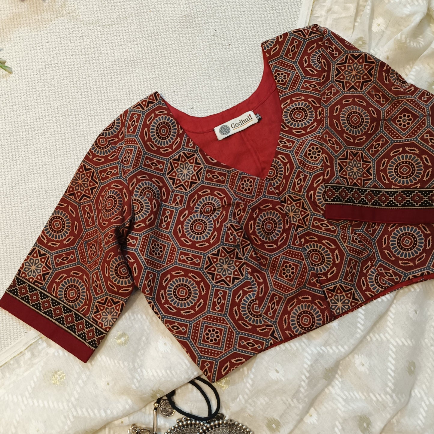 Maroon Ajrakh Blouse with Sleeves