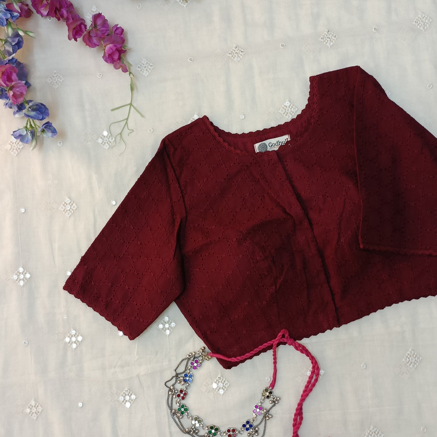 Maroon Cut Work Blouse with Sleeves Combo