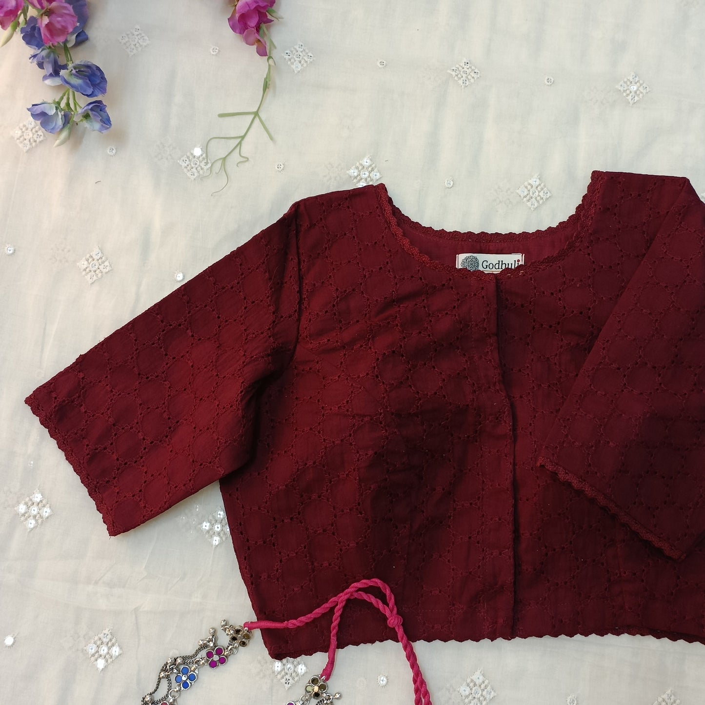Maroon Cut Work Blouse with Sleeves Combo