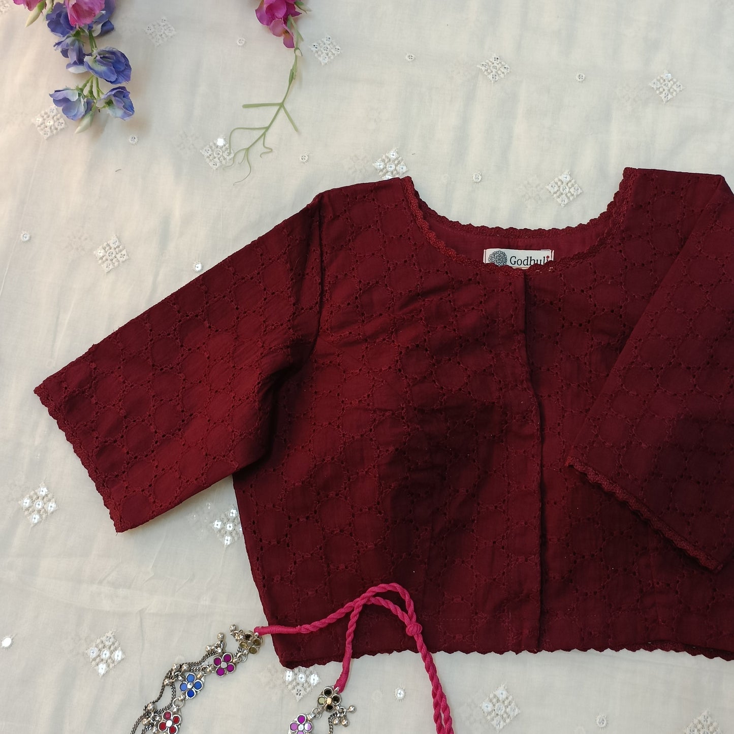 Maroon Cut Work Blouse with Sleeves Combo