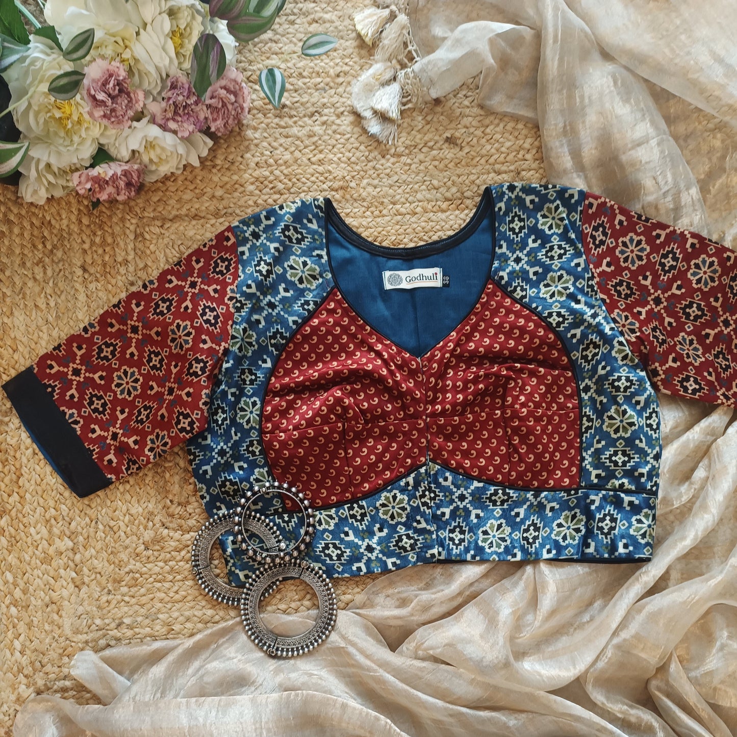 Maroon Indigo Blue Gaji Silk Choli Pattern Blouse